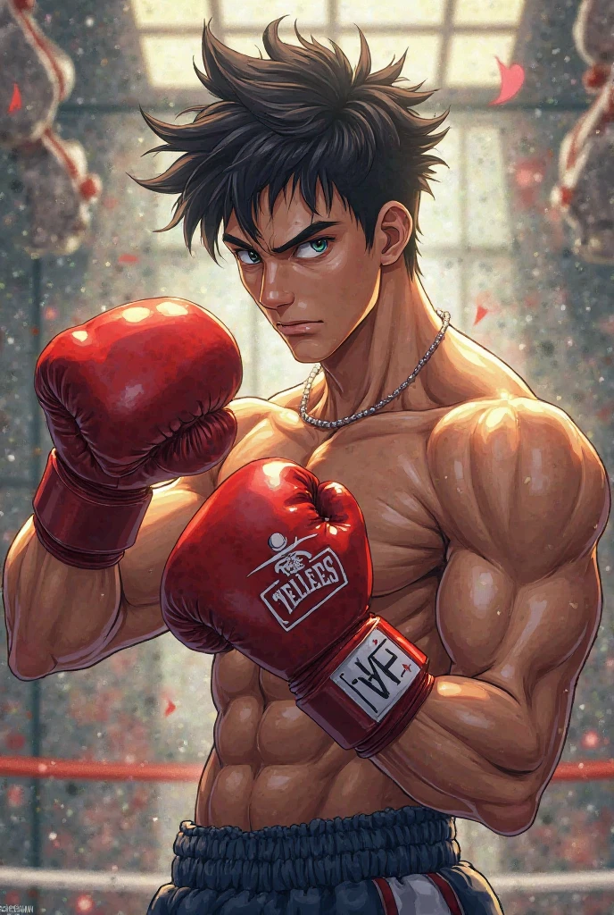 Boy boxer , wearing no shirt, perspiring, with blood in the mouth, anime styling