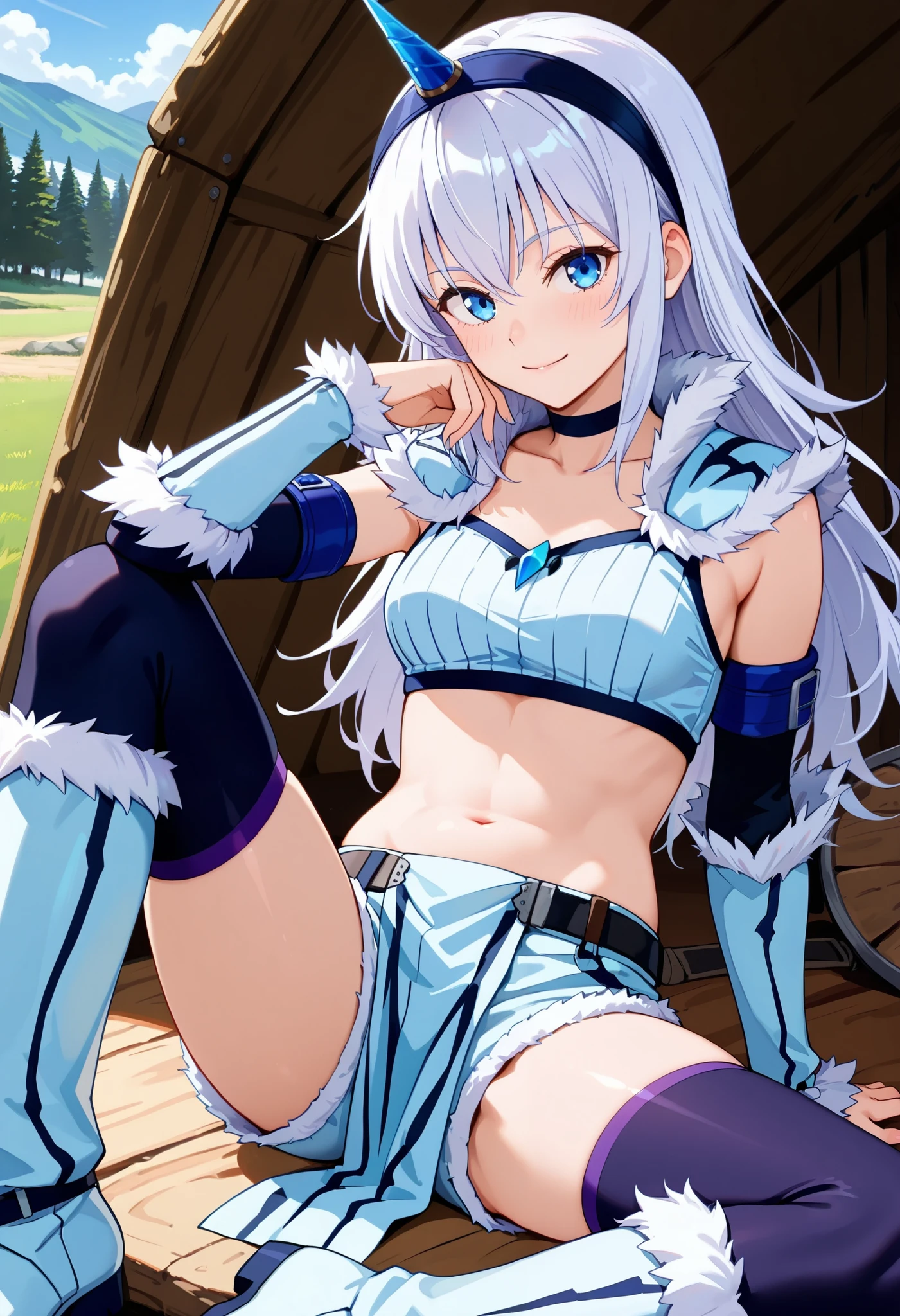 (score_9:0.9),score_8_up,score_7_up,rating_explicit,anime_style,(zPDXL),kirin beta armor,purple_single_horn_hairband,white detached sleeves,BLAKE,1young_girl,solo,blue eyes,looking at viewer,sitting,smile,plain_background,medium breasts,,closed mouth,collarbone,white bandeau,white loincloth,white_knee_boots, camp, campdire,black_knee_highs ,white_tubetop,open_legs,(abs:0.7),(white_hair:1.4),spikey_hair,white_chest_armor,white_fur_waste_armor,white_very_short_shorts,covered_crotch,