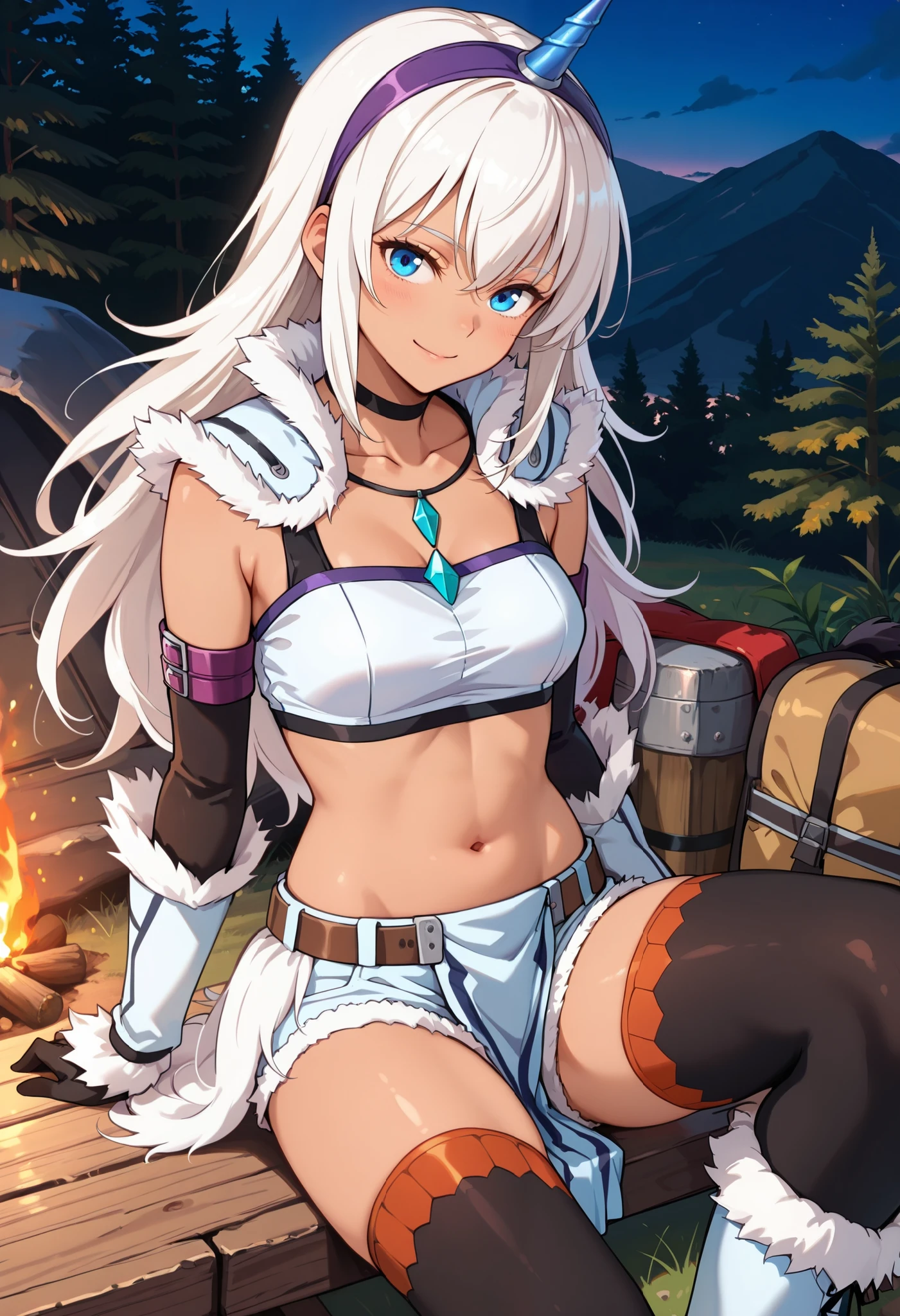(score_9:0.9),score_8_up,score_7_up,rating_explicit,anime_style,(zPDXL),kirin beta armor,purple_single_horn_hairband,white detached sleeves,BLAKE,ung_girl,solo,blue eyes,looking at viewer,sitting,smile,plain_background,medium breasts,,closed mouth,collarbone,white bandeau,white loincloth,white_knee_boots, camp, campdire,black_knee_highs ,white_tubetop,open_legs,(abs:0.7),(white_hair:1.4),spikey_hair,white_chest_armor,white_fur_waste_armor,white_very_short_shorts,covered_crotch,