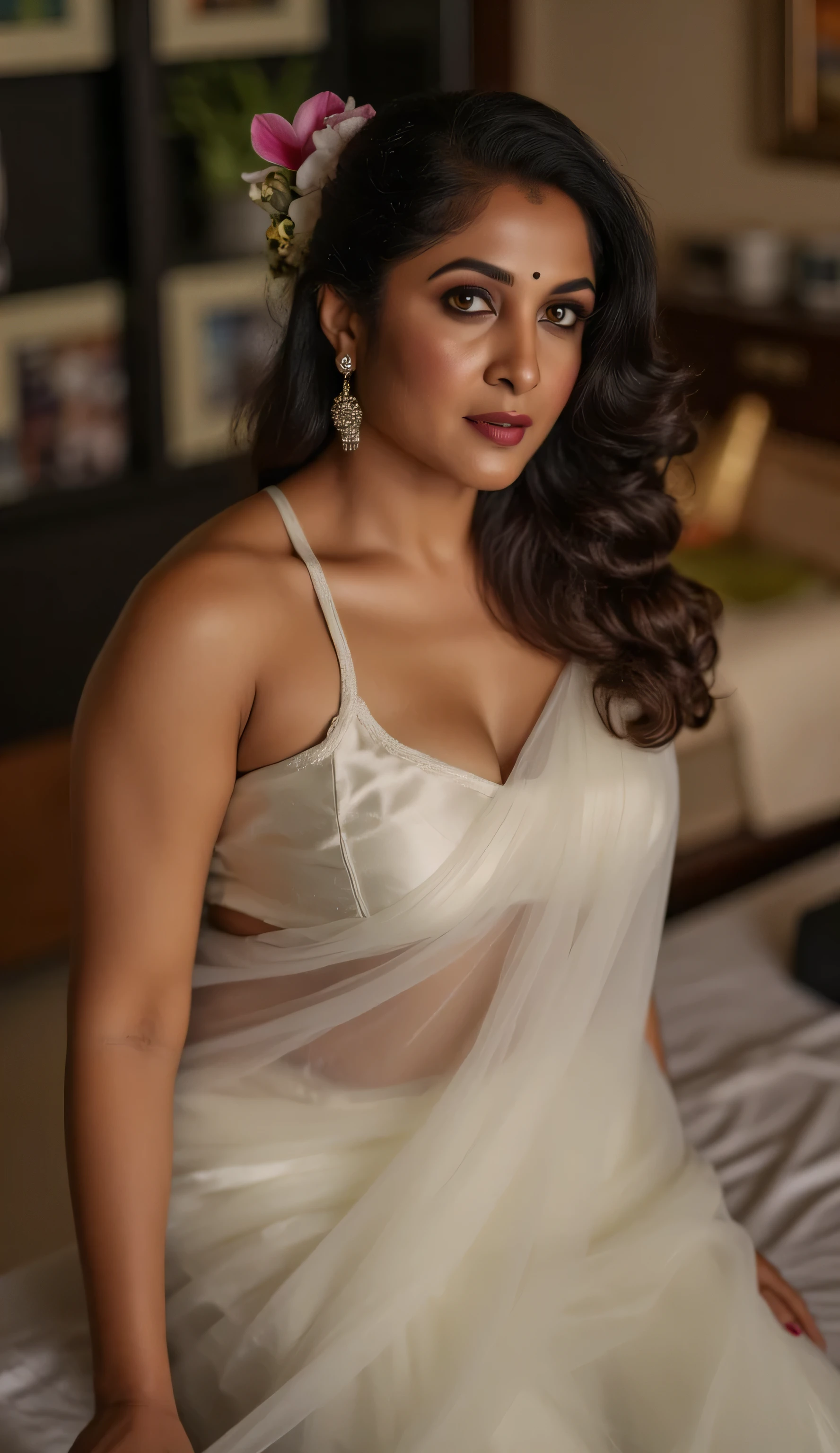 POV camera view: An Indian MILF kneels, locking eyes with the camera, her gaze brimming with lust. Her black hair is neatly tied, adorned with fresh flowers, a sandalwood mark graces her forehead, and sindoor (vermilion) accents the center of her hair partition. She wears a thin white saree, translucent, her lips painted dark red, eyes framed with bold black eyeliner and long eyelashes, complemented by golden nose rings. Her voluptuous figure features large breasts (size: 2.0), half-exposed as they spill from a gold blouse, revealing a striking cleavage. Her thick arms add to her allure. The setting is an intimate bedroom, captured in 8K with intricate details. A close-up, mid-frame shot with a shallow depth of field blurs the background, emphasizing her in high quality.