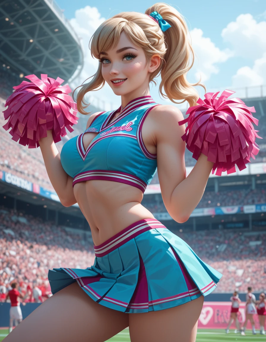 Anime, cheerleader, Finnish girl, 2 girls, models, medium large breasts, tight outfit, perfect breasts, perfect butt, cute face, detailed blue eyes, sexy cheerleader outfit, outside, grassy, detailed, animated, fictional animation, inviting smile, butt cheeks, make up, eye liner, pony tails, choker necklace, earrings, doing cheer leader stunts, mid air, pom poms in hands, windy, professional photography, professional anime, cheerleader face paint, hair bow, fishnet leggings, exposed belly, full body, butt cheeks, touching themselves, soft facial features, beautiful faces, detailed skin, face paint, paint on face and body