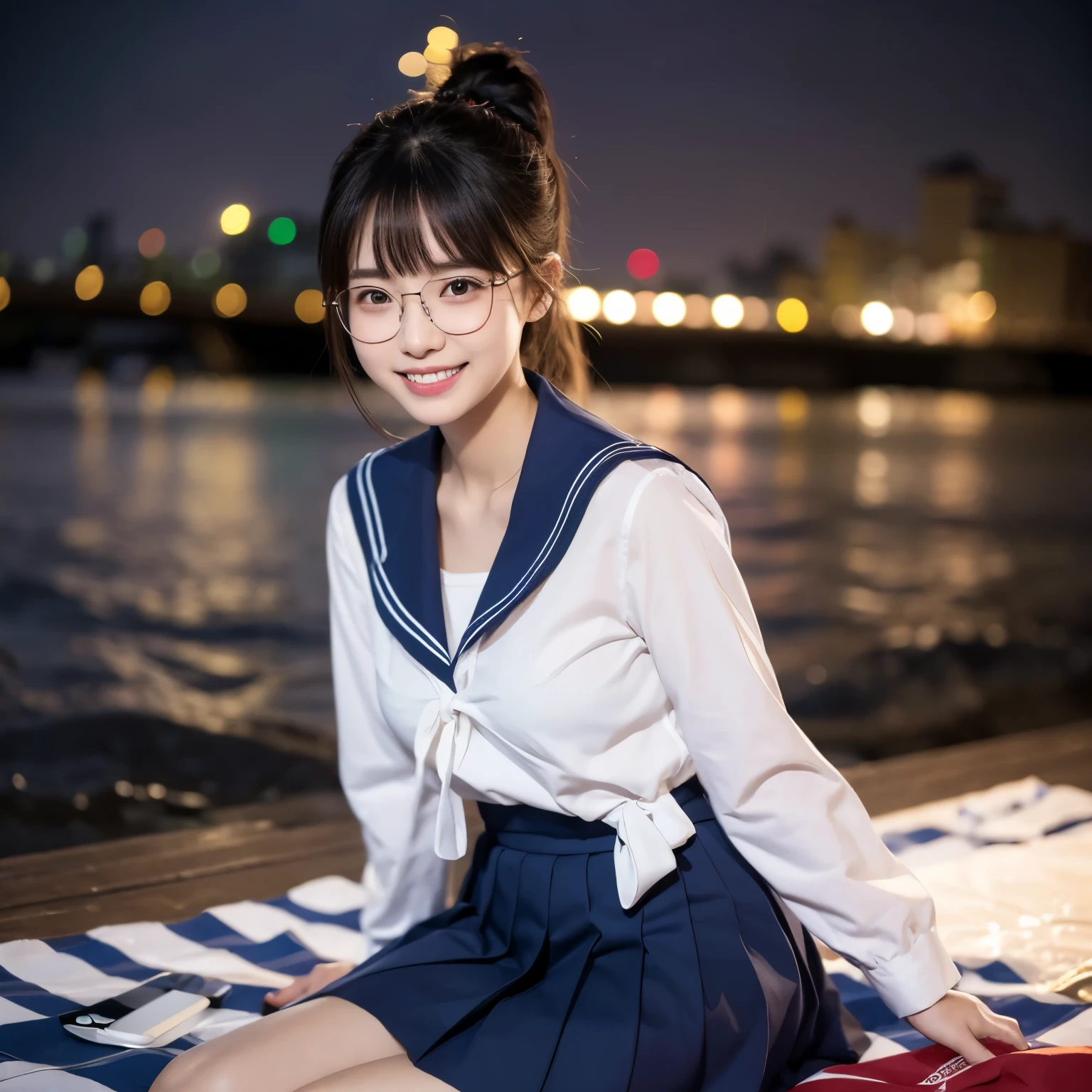 (navy blue sailor suit)、 white ribbon on the chest、pleated skirt、high school girl、sitting on picnic sheet、Japanese、(idol bending over)、((8k))、Watching fireworks、 light in the eye 、The hairstyle is a ponytail、 black hair、smile、 Long Sleeve、(Full Body)、 Delicate Girl、sophisticated vibe、night、fireworks launched in the background、delicate skin、Realistic teeth、(realistic:1.4)、wearing glasses