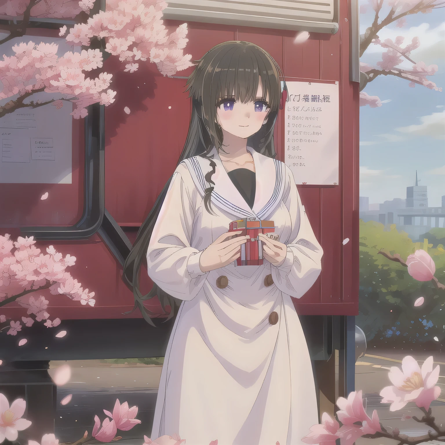 A breathtakingly beautiful 20-year-old woman stands in a lush park filled with cherry blossoms in full bloom beneath a clear blue sky. She wears a classic sailor uniform and gently holds a small, neatly wrapped gift box adorned with a red ribbon. Her radiant smile and joyful expression convey heartfelt happiness. dark hair, long hair, purple eyes.