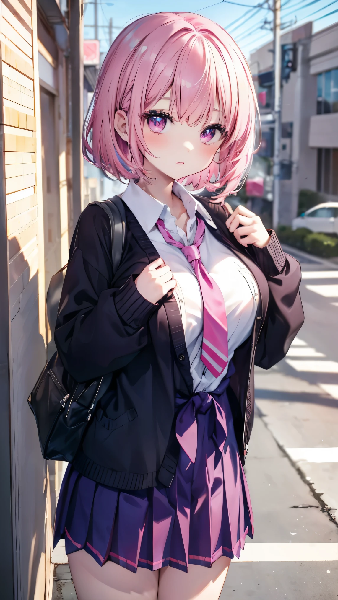 top quality、、(Whitening skin,)、Pink hair、 pink eyes,Petite,huge breasts,、(,school uniform,shirt,tie,pleated skirt,Cardigan,),,,,,toned body,