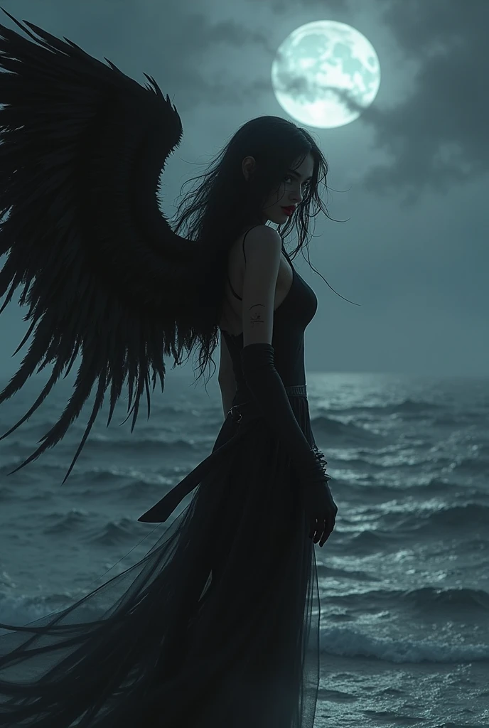 a Harpyia is a mythological creature that combines bird and human elements. Their body resembles a woman with human hands and head, resting on the edge of a high cliff overlooking a calm sea. Show them gazing at the horizon with a sense of tranquility. The backdrop should feature a vast, endless ocean, Horror Art of Fiction, Science fiction horror artwork, Horror fantasy art, Concept art horror , venin, Art fantastique et horreur, 4K horror detailed illustration,Dark F, bright blue eyes, long black hair, scale scattered on the body, black and blue color wings, close shot, tan skin