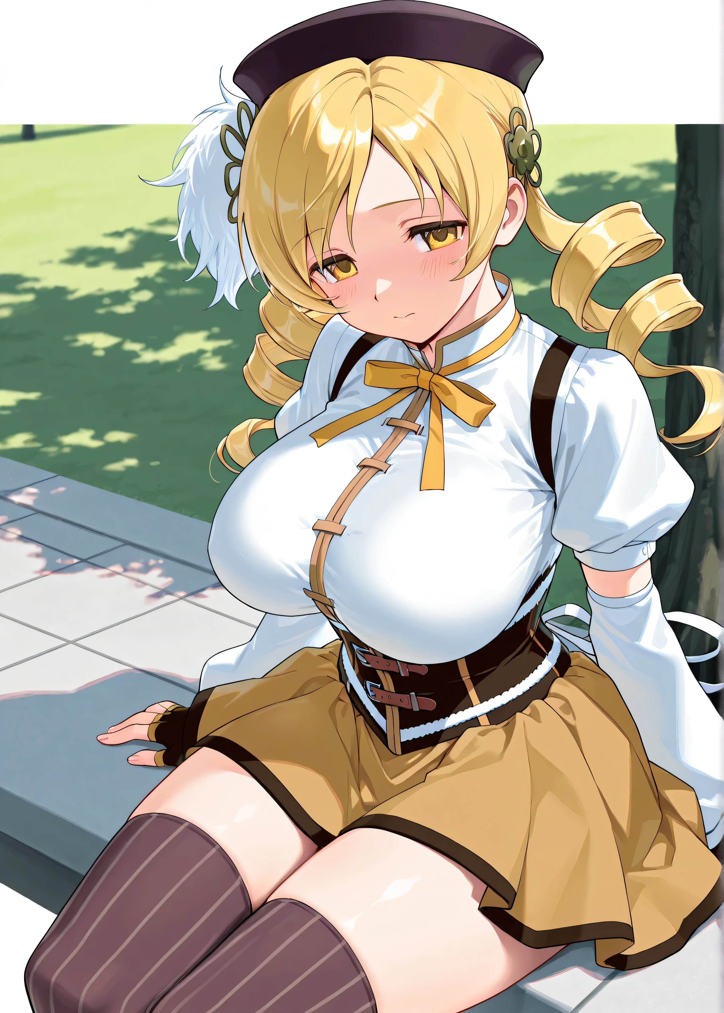1 girl, cowboy shot, solo, perfect anatomy, standing, spread arms, mami tomoe, masterpiece, best quality, highres, big breast, motherly kind smile, half-opened eyes, happy, (skirt lift, self lift, white panties:1.2), sacred, glitter, sparkle, god ray, tyndall effect, scenery, pov