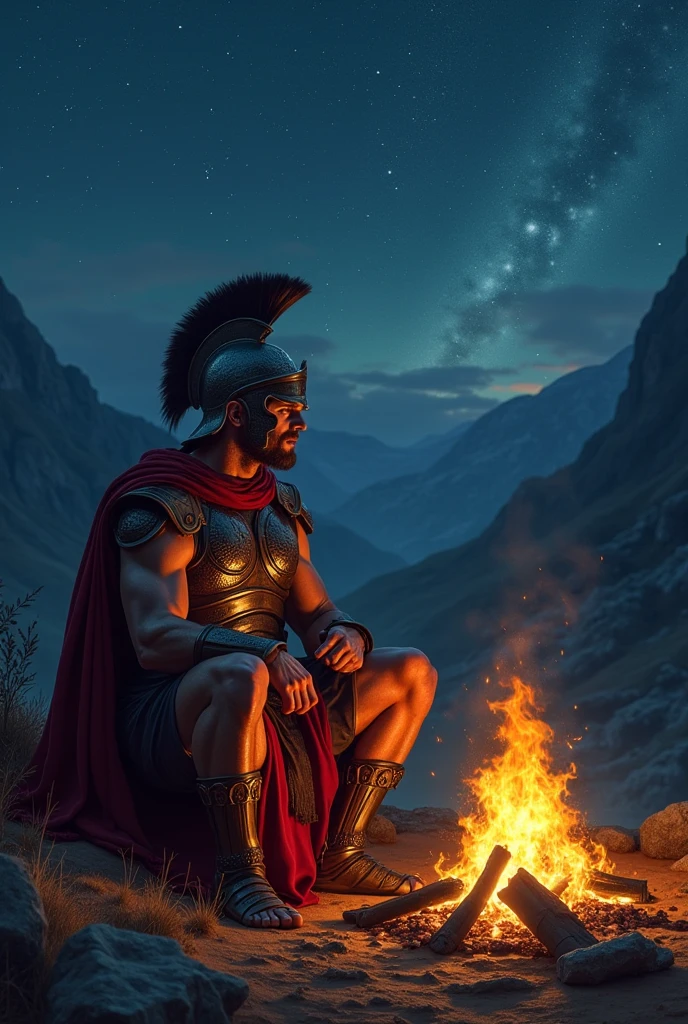 a greek warrior lying on hill wounded seeing over a burning fumes from a battle field