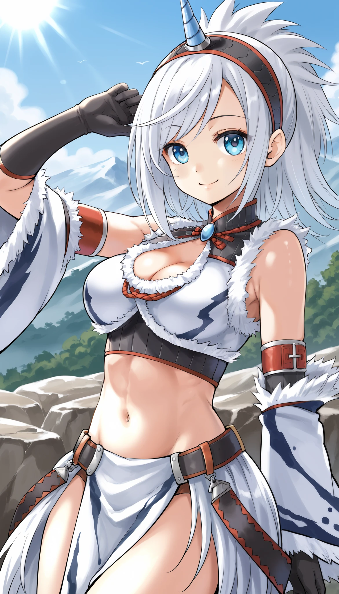 best quality, integrated scenery, integrated background, extremely delicate and beautiful, meticulous details, good composition, , cute face, perfect face,( score_9:0.9), score_8_up, score_7_up,rating_safe, anime style,(zPDXL), Armor , 1 young_girl, Alone, single_purple_horn Hairband, Blue Eyes, , belly button,large_breasts, white loincloth, white kimono sleeve , smile, mountain background, monochrome, white bandeau, armpit,raise_arm,(abs:0.65),smile,spiky_bangs,sunlight,spikey_hair,oil,