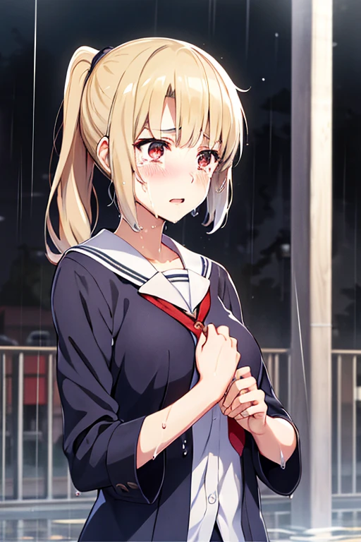 1girl,solo,long hair,school uniform,skirt,blush,serafuku,looking at viewer,rain,wet,wet clothes,pleated skirt,sitting,brown hair,neckerchief,sailor collar,bangs,shirt,bag,collarbone,short sleeves,school bag,red neckerchief,white shirt,open mouth,wet shirt,outdoors,night,pov,seat,<lora:style26-xl:0.95>