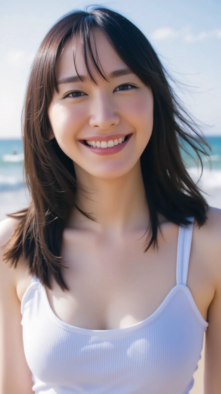 (8K, RAW photo, highest quality, masterpiece, very detailed:1.2),(realistic, photo-realistic:1.4), sharp focus, Bokeh, detailed 8K background, Sigma 85mmF/1.4. very cute japanese idol, cute, (fine skin: 1.2), porcelain skin, white skin, very detailed face, brown eyes, smile, looking at the viewer, Pony Tail, hair messy, Medium size breasts, Bikini, On a beach,big breasts,cleavage,