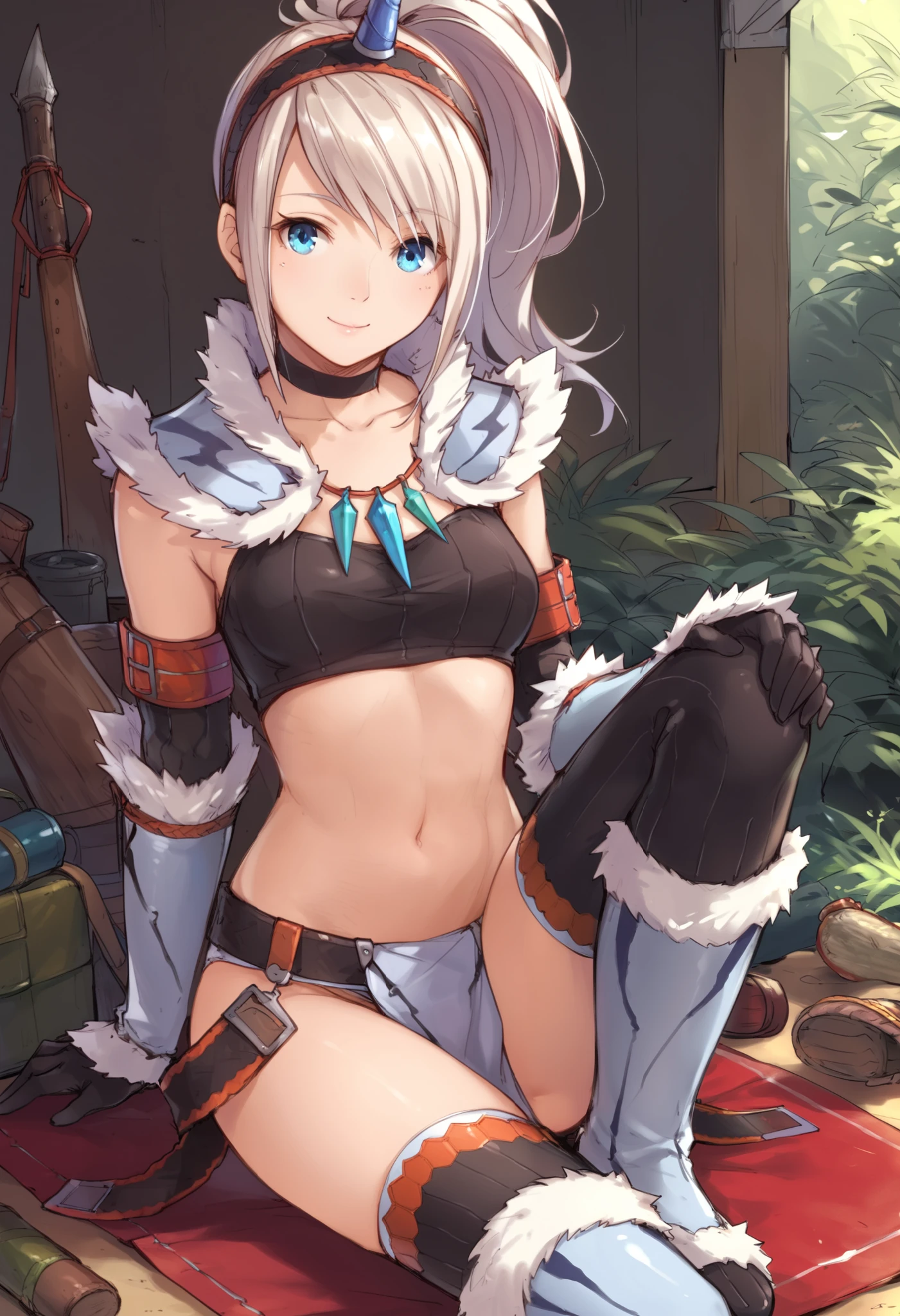 (score_9:0.9),score_8_up,score_7_up,rating_explicit,anime_style,(zPDXL),kirin beta armor,white single horn hairband,white detached sleeves,ung_girl,solo,blue eyes,looking at viewer,sitting,smile,plain_background,medium breasts,,closed mouth,collarbone,black bandeau,white loincloth,BLAKE,medium_breasts,white_knee_boots, camp, campdire,black_knee_highs ,white_tubetop,open_legs,(abs:0.7),(spikey_hair:1.4),white_hair,white_chest_armor,white_fur_waste_armor,