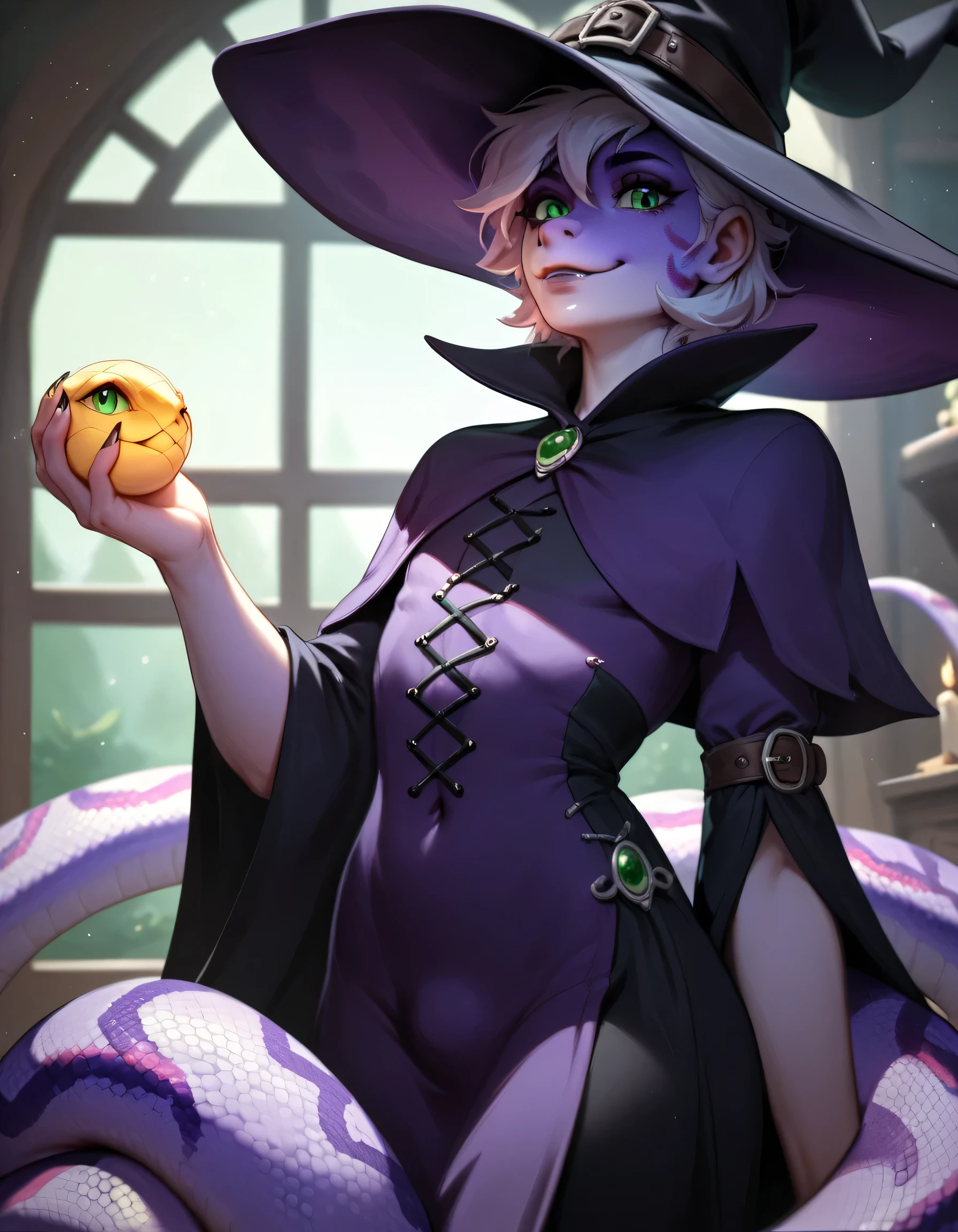 Solo, femboy Anthro snake, dark-purple snake scalies, green eyes, sexy witch, sexy witch clothes, witch hat, fantasy dark occultist house, holding Human scull, holding dark magick bock