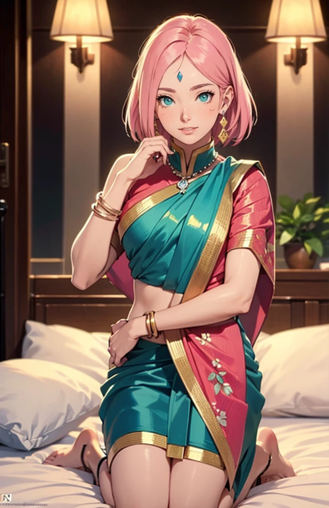 Shy anime girl wearing Indian dress (saree) while trying to hide her face with her hair , beautiful, cute , blushing , garden background, long white hair, smooth like sea wave , teenager (19) , with pink saree