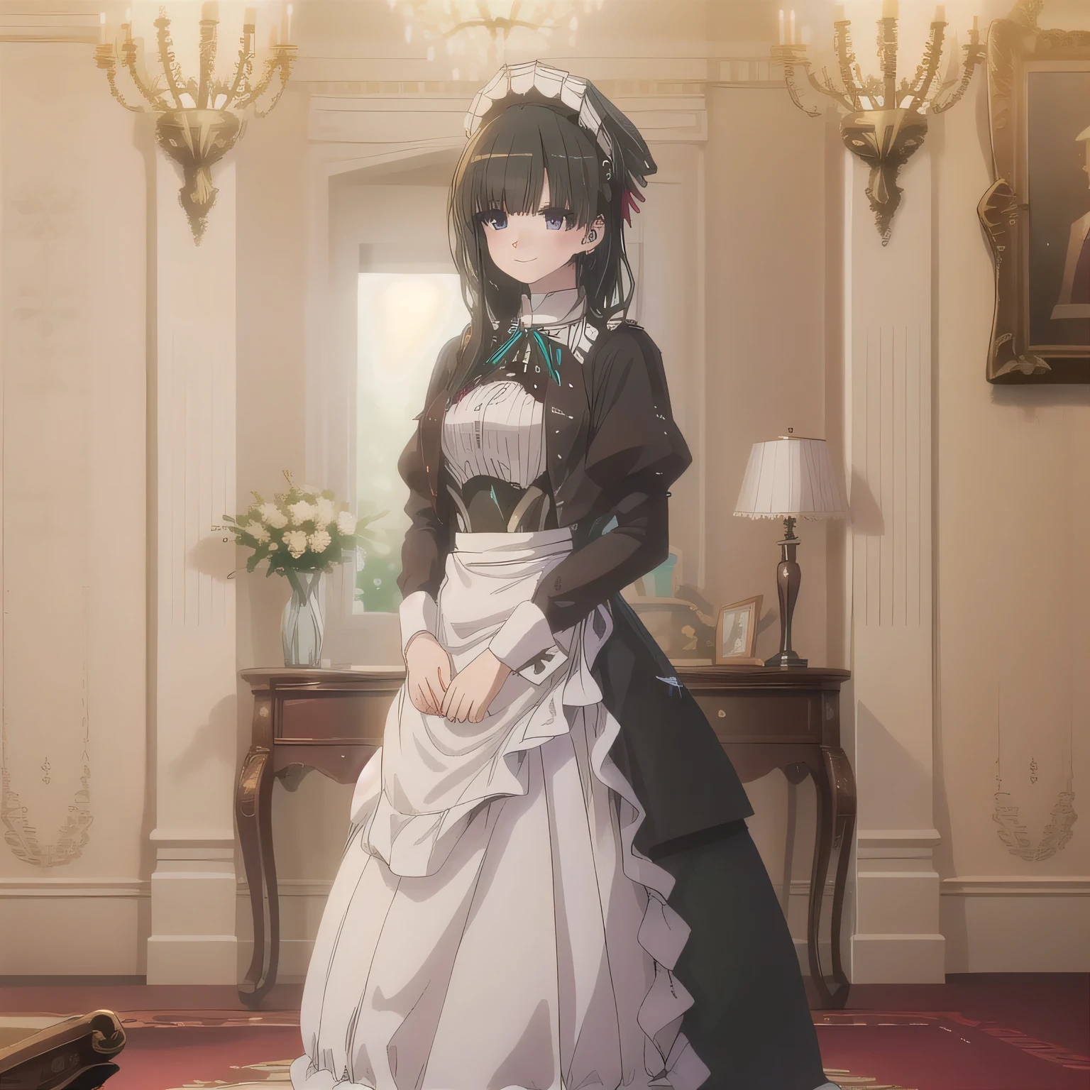 A breathtakingly beautiful 20-year-old woman stands in an opulent mansion room, dressed in a classic black-and-white maid outfit with a short hem and a white brim cap. Her confident smile radiates warmth. The room features elegant furnishings and decor befitting a grand estate, bathed in soft, natural lighting that enhances the sophisticated ambiance.dark hair, long hair, purple eyes.