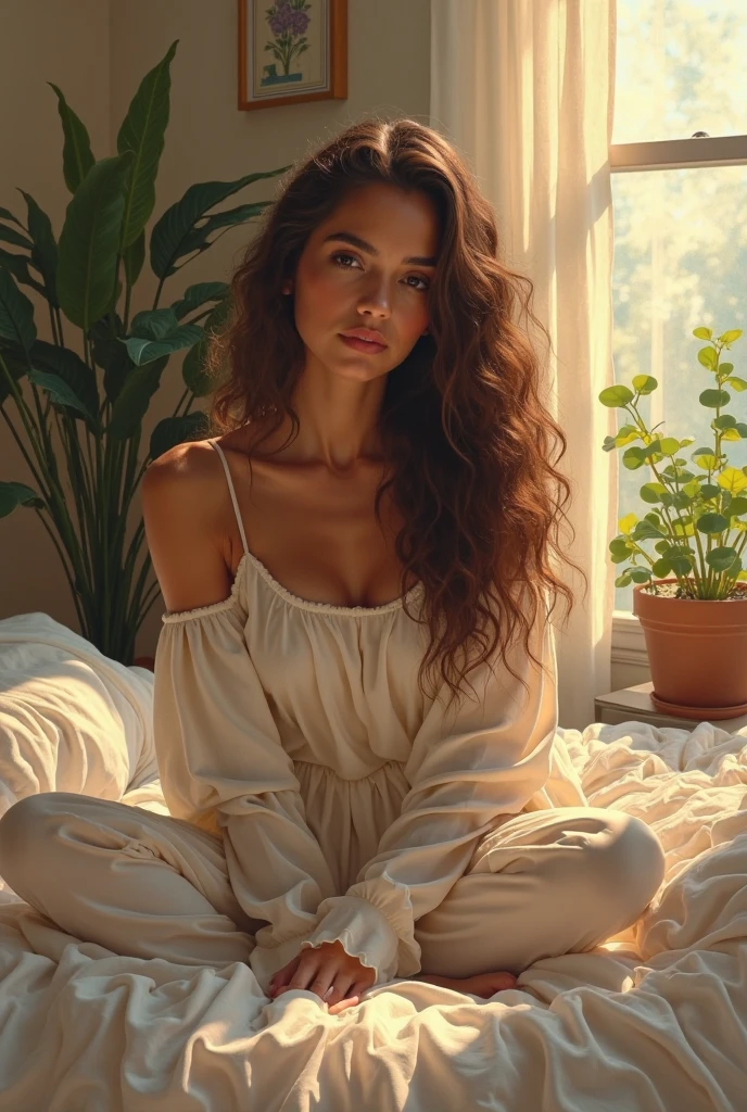 (photorealism:1.2), beautiful woman, sitting on bed, wearing loose off-shoulder top, pajama pants, long curly hair, indoors, soft lighting, plants in background, window with sunlight, cozy room, relaxed pose, realistic, intricate details, warm colors, by Greg Rutkowski, by Alphonse Mucha