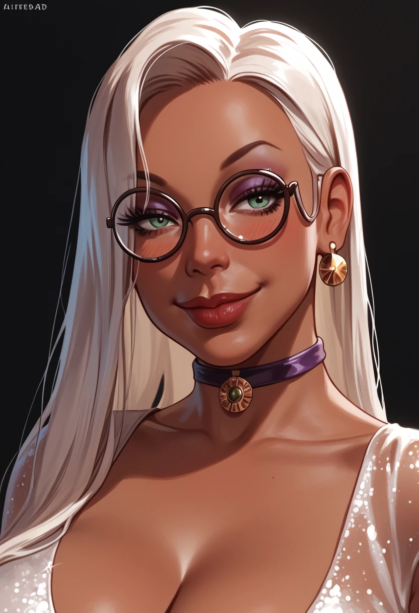 score_9, score_8_up, score_8. score_9, score_8_up, score_7_up, score_6_up, masterpiece, 4k, high quality, (best quality:1.1), ExpressiveH,(close up)
1girl, Jessica Rabbit, white hair, glasses, earrings, choker, cleavage, dark skin,  , blushing, looking at viewer, smiling, g0dd3ss, white dress, cleavage
black background
