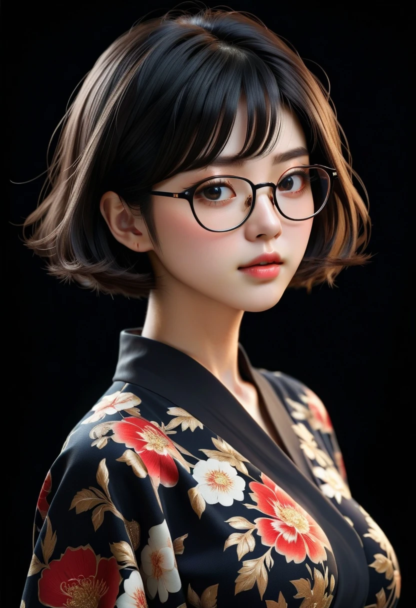 (8k),best quality, (photorealistic,realistic:1.2), 1girl, solo, detailed face, standing,black hair,(hair ornament:1.35), (looking at viewer:1.5), (small breasts,breasts out:1.3),short hair, black eyes, bangs, lips, glasses
