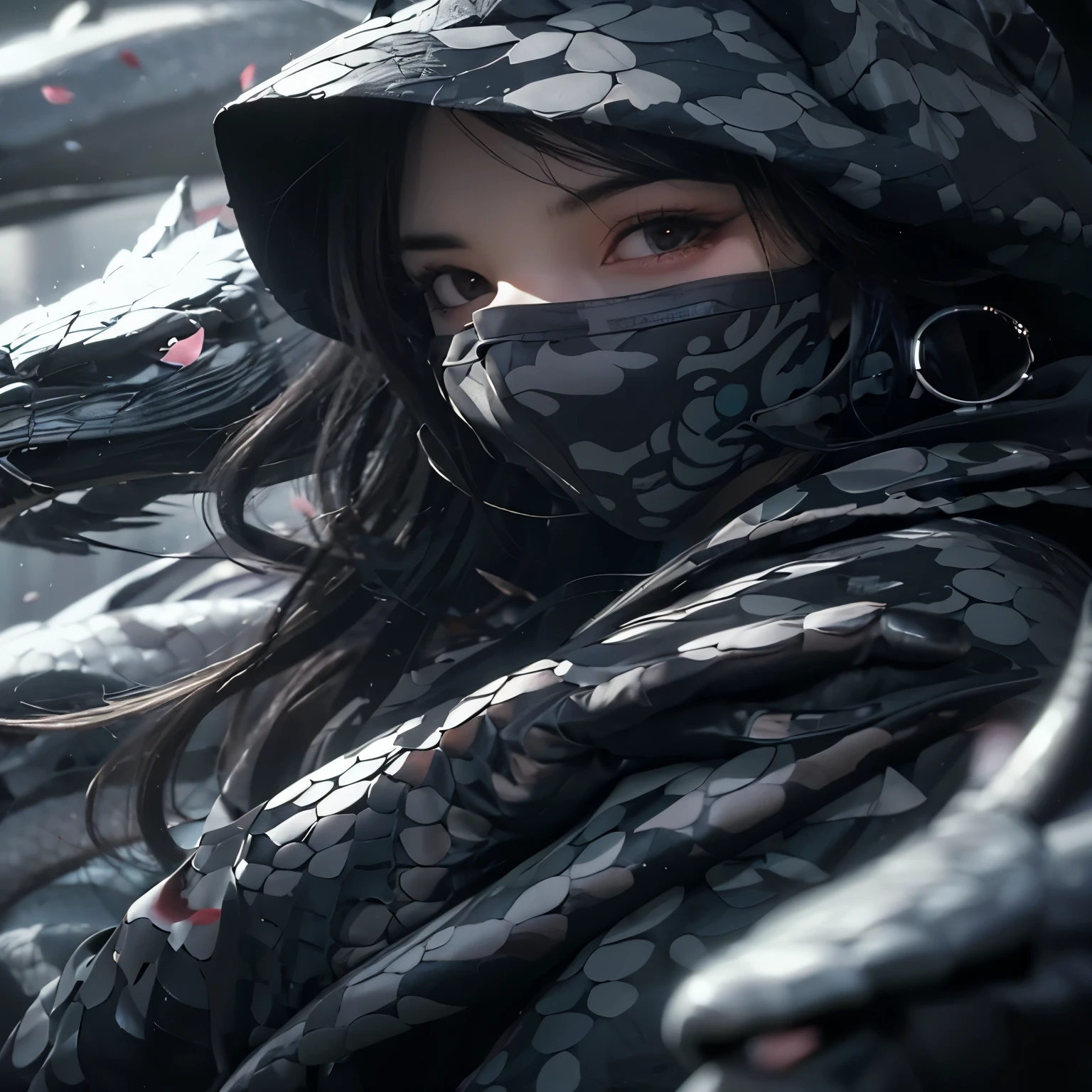 same_lookup, same_snake, full_blue_eyes,  pure_body, clear_beautiful_face, shiny_longer_hair, black_hair, same_background, same_dress, beautiful_mature_woman, dark_eyebrow, dark_eyelashes, same_mask, realistic, hair_accessories