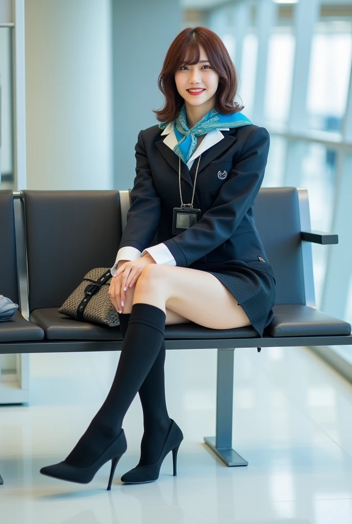 8K raw photo, Best quality, masterpiece, ultra high res, natural skin texture, realistic eye and face details,(looking at viewer, facing viewer), full lips, lipstick, red eyeshadow,  beautiful legs, tall female, skinny, thick thighs, 1girl, solo,pramugari uniform ,shirt,white pantyhose, sitting