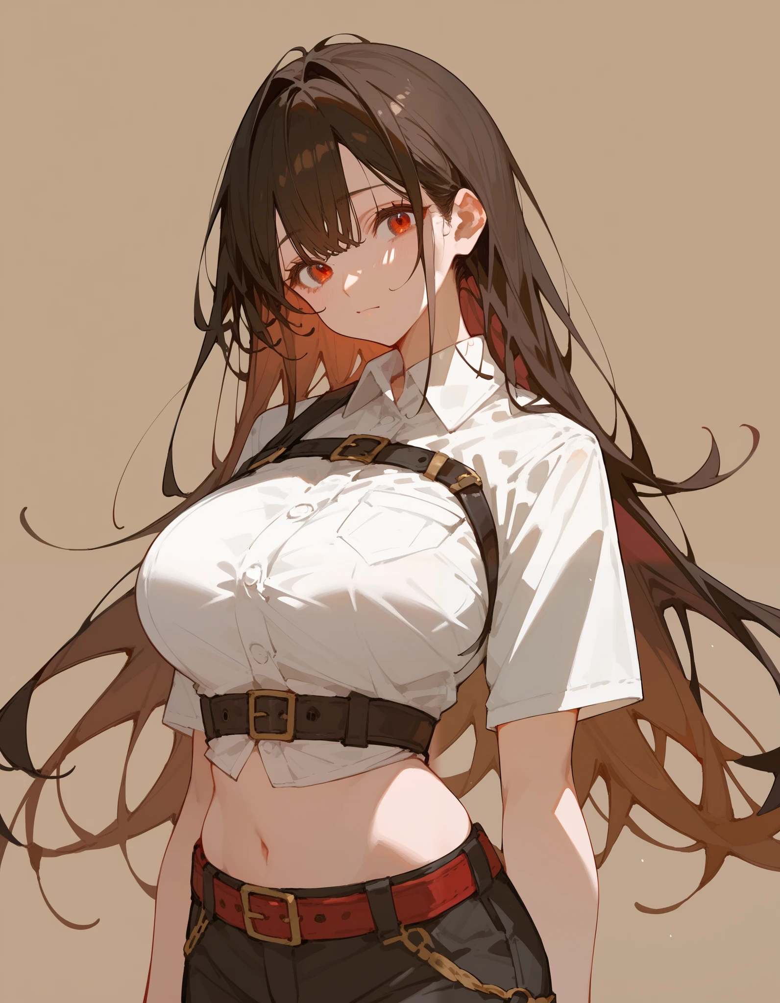 1 person,girl,dark brown hair,in red eyes,big-breasted,long hair, Multi colour, black hair,white shirt,navel,shorts,belt,Upper Body Shape,standing,cute,Upper Body Shape,brown background,milf,