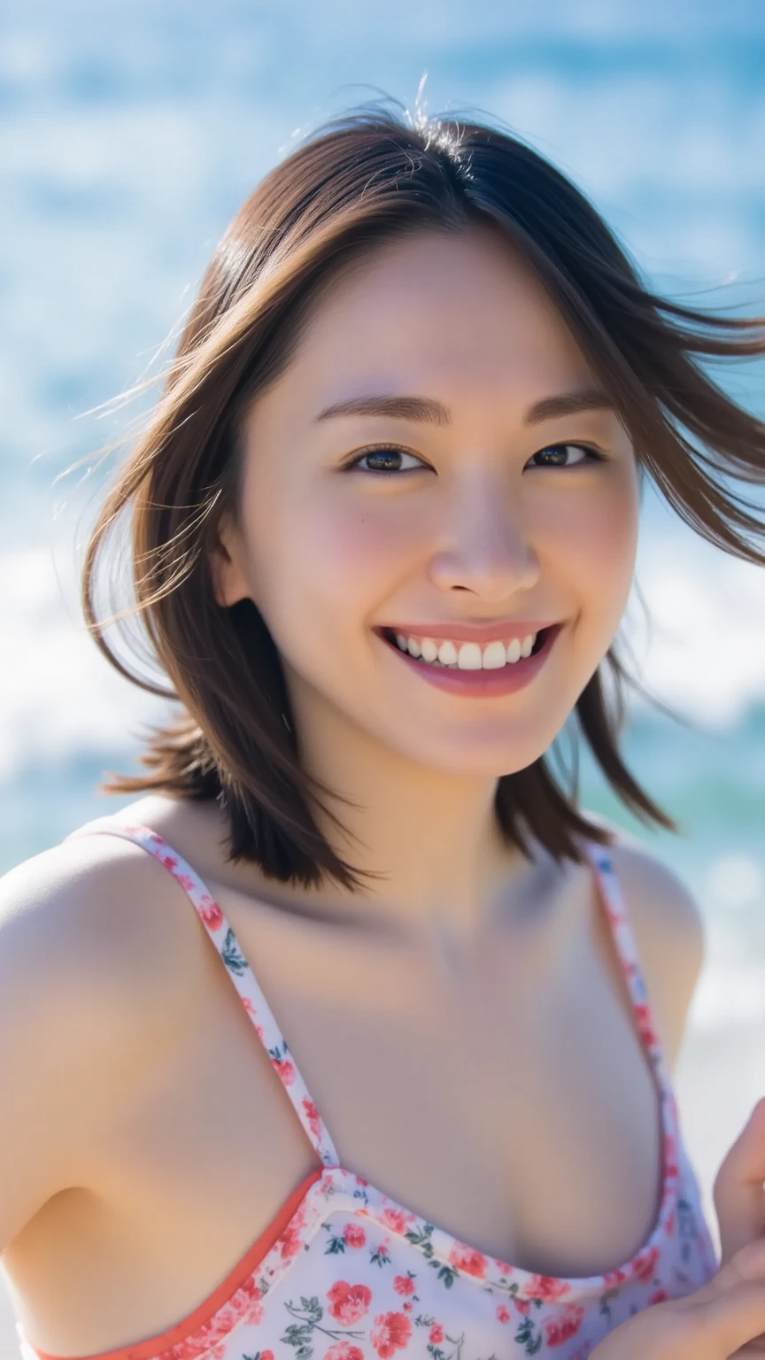 ((top-quality、8K、masterpiece:1.3))、1girl in、Slim Abs Beauty:1.3、(Hairstyles Brown Hair Shortcuts、Colossal tits)、swim wears:1.1、Super fine face、Delicat eyes、二重まぶた、A smile、the beach、Raw photo