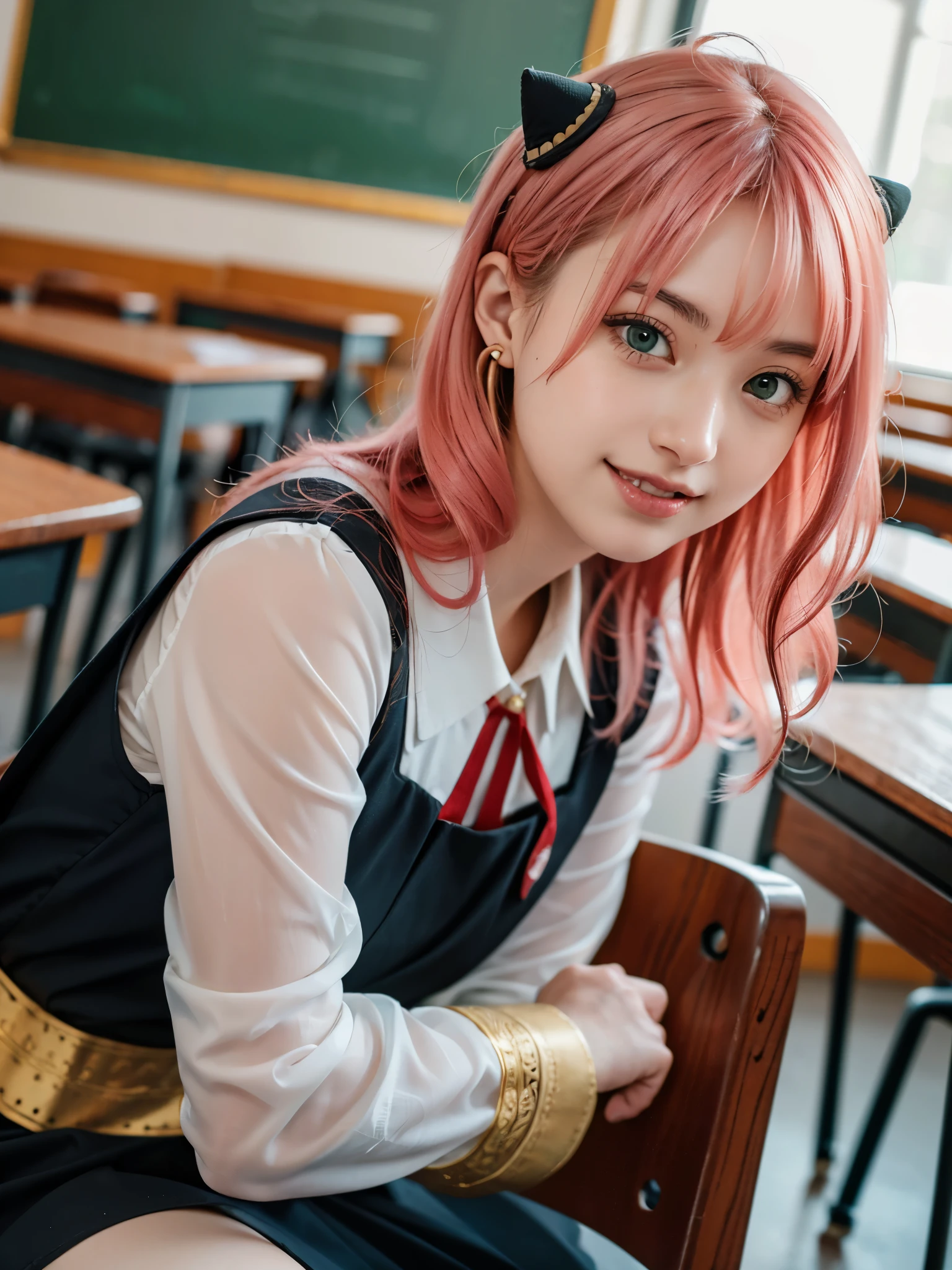 1girl, Alone, (cute Japanese girl), 18yo, Young female, slim body, (smile:1.2), Looking at camera,
break
(close up:1.3), leaning back on chair, dynamic angle,
break
Professional photo-realistic images, (16k, RAW photo, best quality, masterpiece:1.2), (realistic, photo-realistic:1.4), (extremely detailed 8k wallpaper), sharp focus, depth of field, blur background, bokeh, cinematic lighting, soft light, High resolution 16k close-up of human skin,
break
perfectly round breasts, huge breasts,
break
Anya Forger, Anya, SPY X FAMILY
break
ahoge, medium hair, (pink hair), cone hair bun, hairpods, hair ornament, bangs, green eyes,
break
eden academy school uniform,
neck ribbon, red ribbon, wing collar, collared shirt, white shirt, black dress, long sleeves, gold trim, black socks, mary janes,
break
students sitting at desks in a classroom with a chalkboard, photo of a classroom, lecture halls and gambling dens, student, school class, épaule devant pose, audience, sitting in the classroom, full subject shown in photo, in a classroom, college, academia, standing in class, classroom in background, full subject, classroom, college students, in Germany, Nuremberg