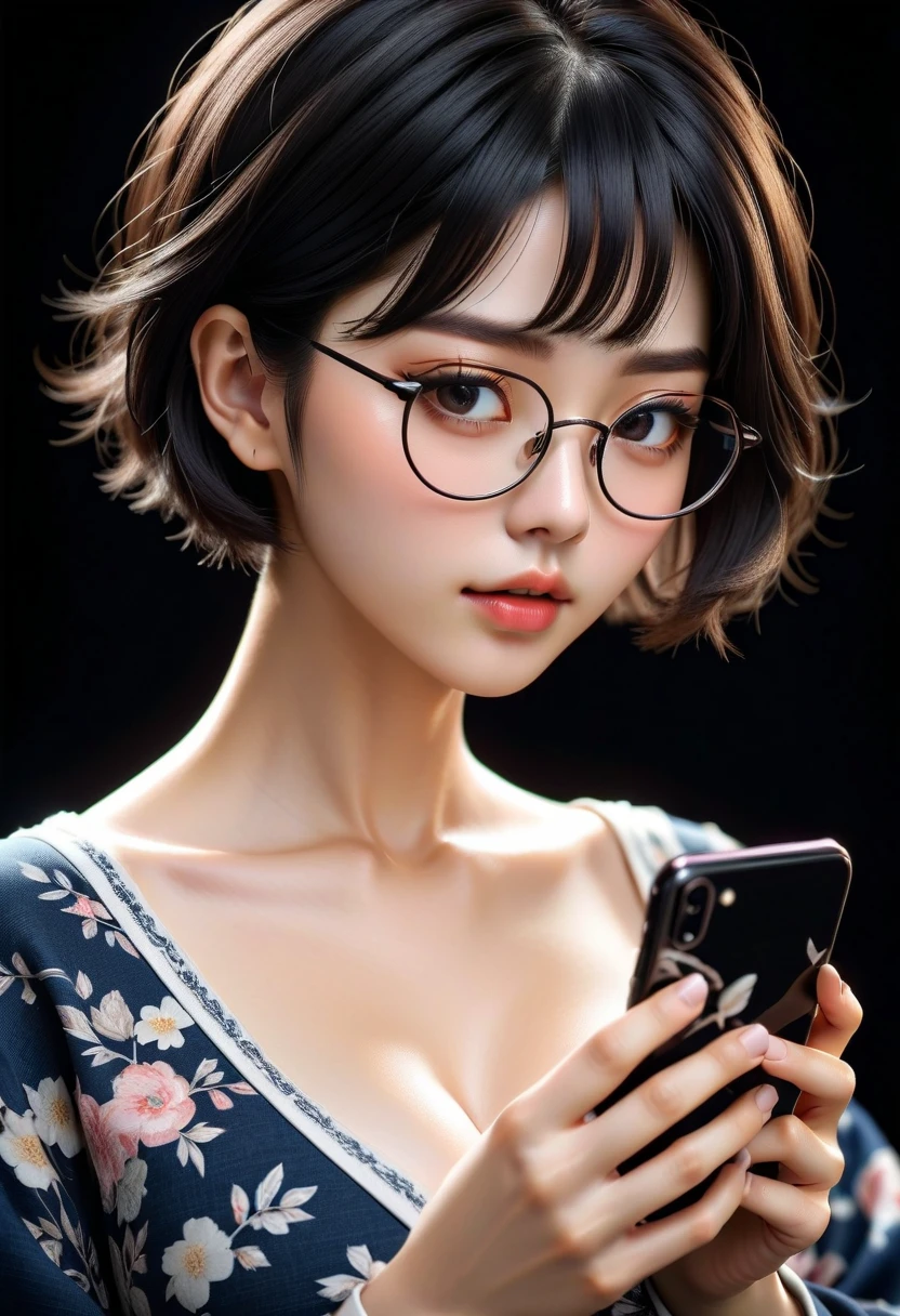 1girll, Beautiful girl, wears glasses, Brown skin, A small mole on the right cheek, Half body, Body length 150 cm, 20 years old, Brown-skinned girl, .(Short black hair, Street hairstyle) , (Black eyes), Realistic eyes, Beautiful and big eyes), Sexy clothes, Small breasts, (8K wallpaper), (Stage wallpaper) 8K, High quilt, Realistic, Beautiful reality, Cool details, RAW photo, realistic dress, Short hair, Black hair, photo-realistic hair, Bright and cool lighting, photograph realistic, cel-shaded, Gel illumination, hyper-detailing,exposed
