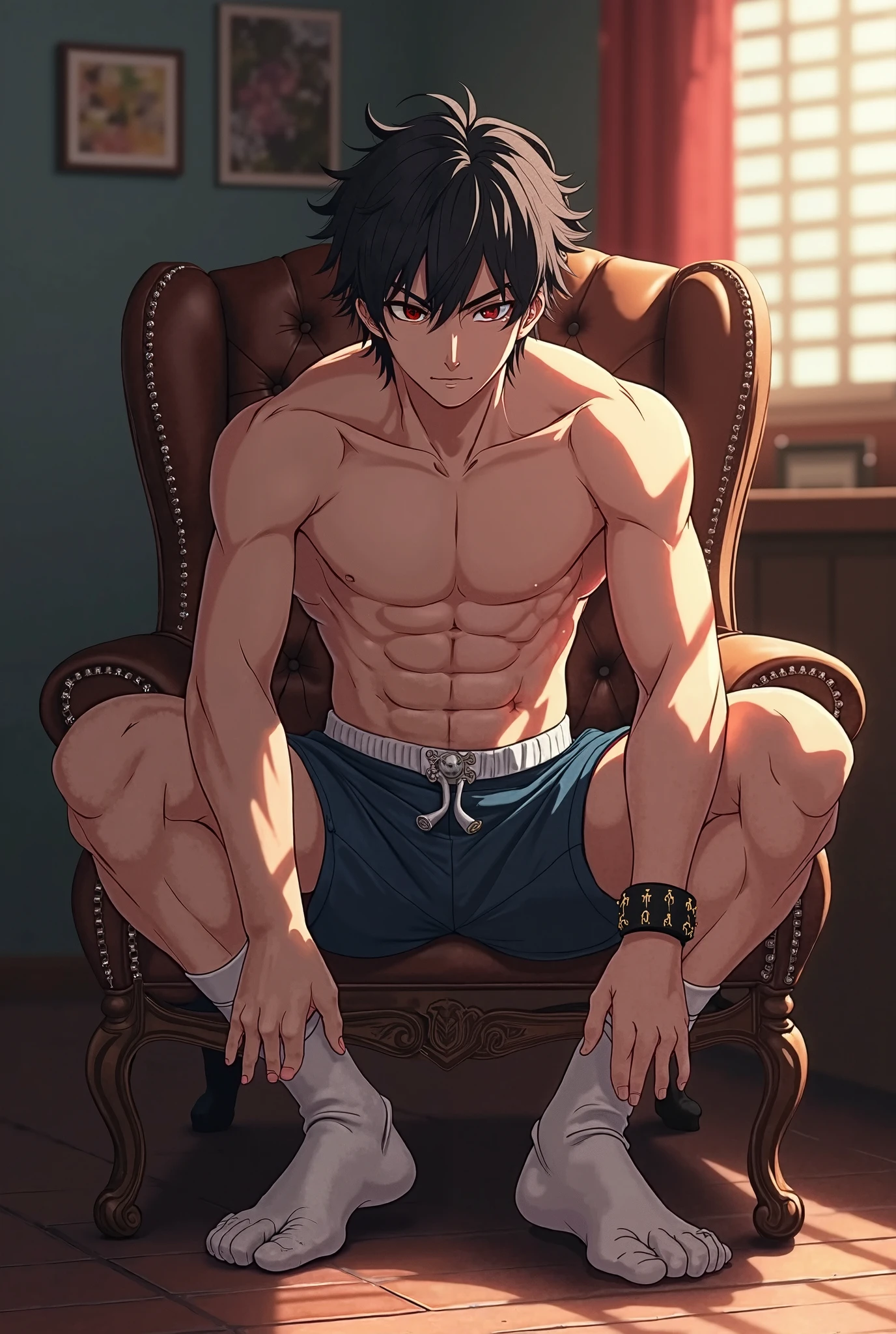 shirtless handsome manly short black hair caucasian male in tattered short jeans and sneakers, shirtless, sweating profusely, drenched with sweat, exhausted, panting, inside the mall, inside the mall is crowded with people