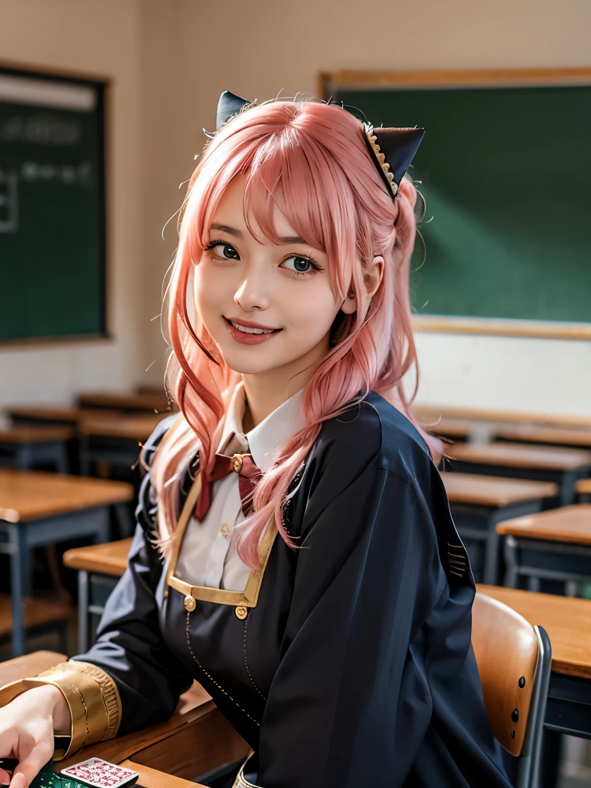 1girl, Alone, (cute Japanese girl), 18yo, Young female, slim body, (smile:1.2), Looking at camera, ,open mouth,upper teeth only,
break
close up, leaning back, dynamic angle,
break
Professional photo-realistic images, (16k, RAW photo, best quality, masterpiece:1.2), (realistic, photo-realistic:1.4), (extremely detailed 8k wallpaper), sharp focus, depth of field, blur background, bokeh, cinematic lighting, soft light, High resolution 16k close-up of human skin,
break
perfectly round breasts, huge breasts,
break
Anya Forger, Anya, SPY X FAMILY
break
ahoge, medium hair, (pink hair), cone hair bun, hairpods, hair ornament, bangs, green eyes,
break
eden academy school uniform,
neck ribbon, red ribbon, wing collar, collared shirt, white shirt, black dress, long sleeves, gold trim, black socks, mary janes,
break
students sitting at desks in a classroom with a chalkboard, photo of a classroom, lecture halls and gambling dens, student, school class, épaule devant pose, audience, sitting in the classroom, full subject shown in photo, in a classroom, college, academia, standing in class, classroom in background, full subject, classroom, college students, in Germany, Nuremberg