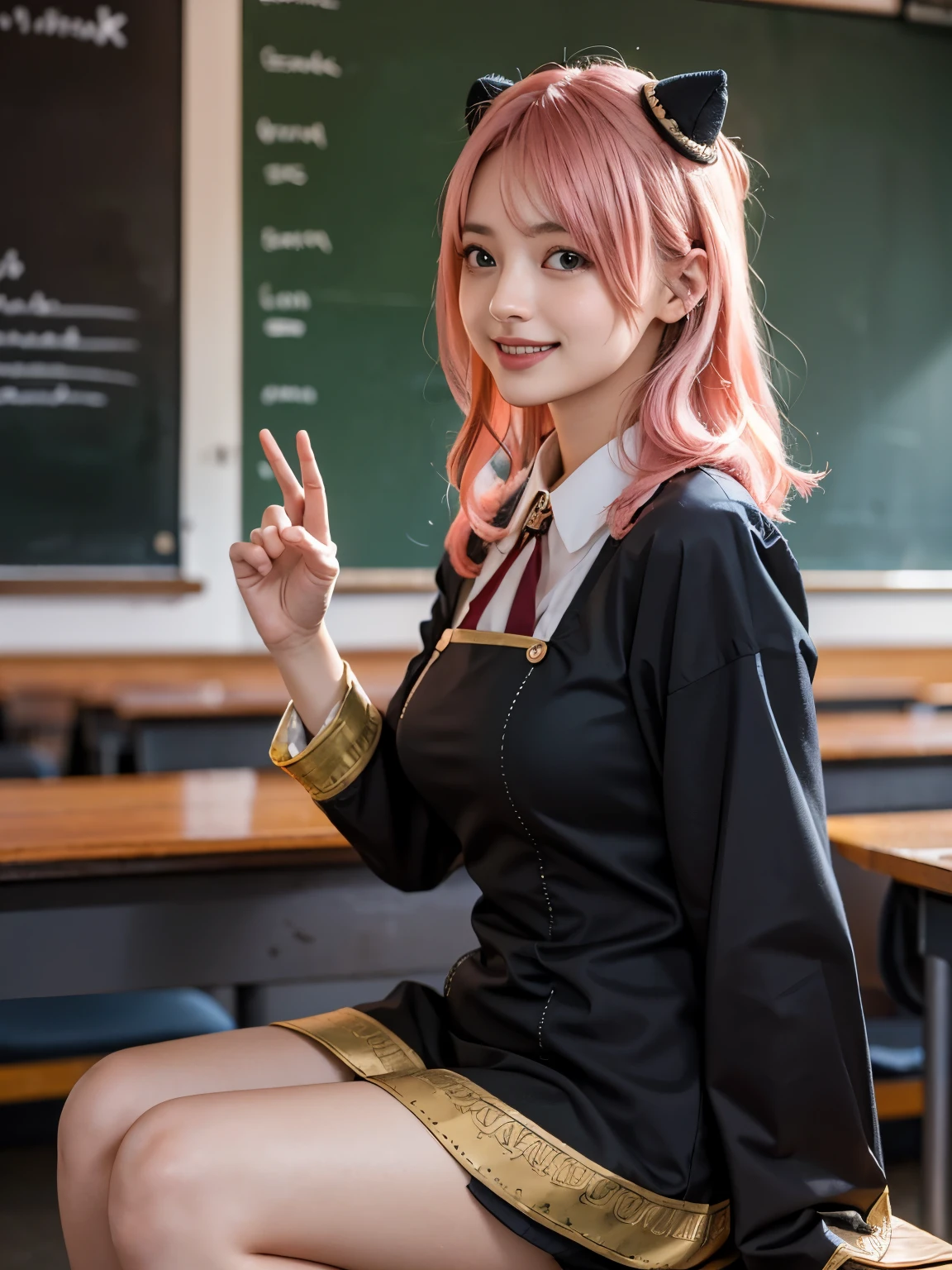1girl, Alone, (cute Japanese girl), 18yo, Young female, slim body, (smile:1.2), Looking at camera, ,open mouth,upper teeth only,
break
upper body, leaning back, dynamic angle,
break
Professional photo-realistic images, (16k, RAW photo, best quality, masterpiece:1.2), (realistic, photo-realistic:1.4), (extremely detailed 8k wallpaper), sharp focus, depth of field, blur background, bokeh, cinematic lighting, soft light, High resolution 16k close-up of human skin,
break
perfectly round breasts, huge breasts,
break
Anya Forger, Anya, SPY X FAMILY
break
ahoge, medium hair, (pink hair), cone hair bun, hairpods, hair ornament, bangs, green eyes,
break
eden academy school uniform,
neck ribbon, red ribbon, wing collar, collared shirt, white shirt, black dress, long sleeves, gold trim, black socks, mary janes,
break
students sitting at desks in a classroom with a chalkboard, photo of a classroom, lecture halls and gambling dens, student, school class, épaule devant pose, audience, sitting in the classroom, full subject shown in photo, in a classroom, college, academia, standing in class, classroom in background, full subject, classroom, college students, in Germany, Nuremberg