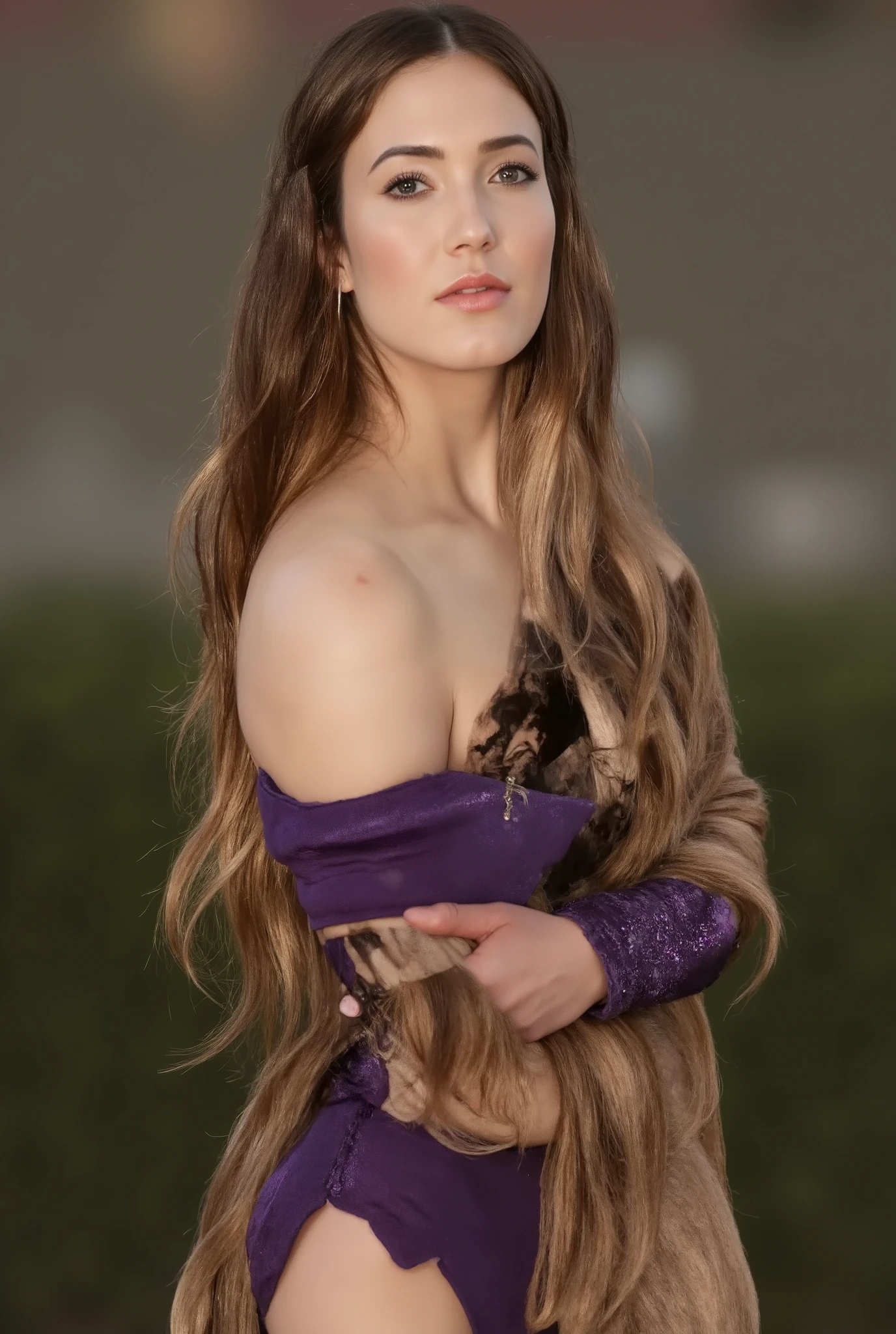 Photo of megara flirting with the camera, (high ponytail:1.2), sexy female, (dark make-up:1.0), (half-closed eyes:1.0), red lips, (pronounced feminine features:1.3), bare shoulders, (long purple dress:1.2), fabric strap, (evil smile:1.1), ancient greece temple, atmospheric lighting, (blurry:1.1), (poor quality photo:1.4), intricate background, close up, ancient greece clothing, denim fabric, hair tie <lora:sxzMegaraDisney_megara:0.8>