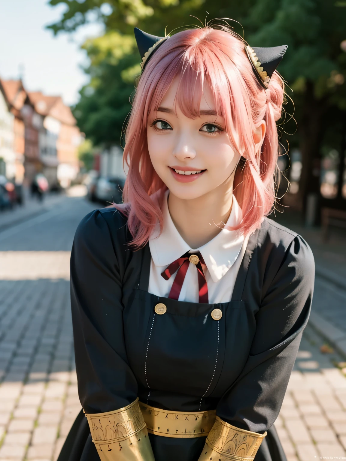 1girl, Alone, (cute Japanese girl), 18yo, Young female, slim body, (smile:1.2), Looking at camera, ,open mouth,upper teeth only,
break
upper body, walking, dynamic angle,
break
Professional photo-realistic images, (16k, RAW photo, best quality, masterpiece:1.2), (realistic, photo-realistic:1.4), (extremely detailed 8k wallpaper), sharp focus, depth of field, blur background, bokeh, cinematic lighting, soft light, High resolution 16k close-up of human skin,
break
perfectly round breasts, huge breasts,
break
Anya Forger, Anya, SPY X FAMILY
break
ahoge, medium hair, (pink hair), cone hair bun, hairpods, hair ornament, bangs, green eyes,
break
eden academy school uniform,
neck ribbon, red ribbon, wing collar, collared shirt, white shirt, black dress, long sleeves, gold trim, black socks, mary janes,
break
Old town in Germany, Nuremberg