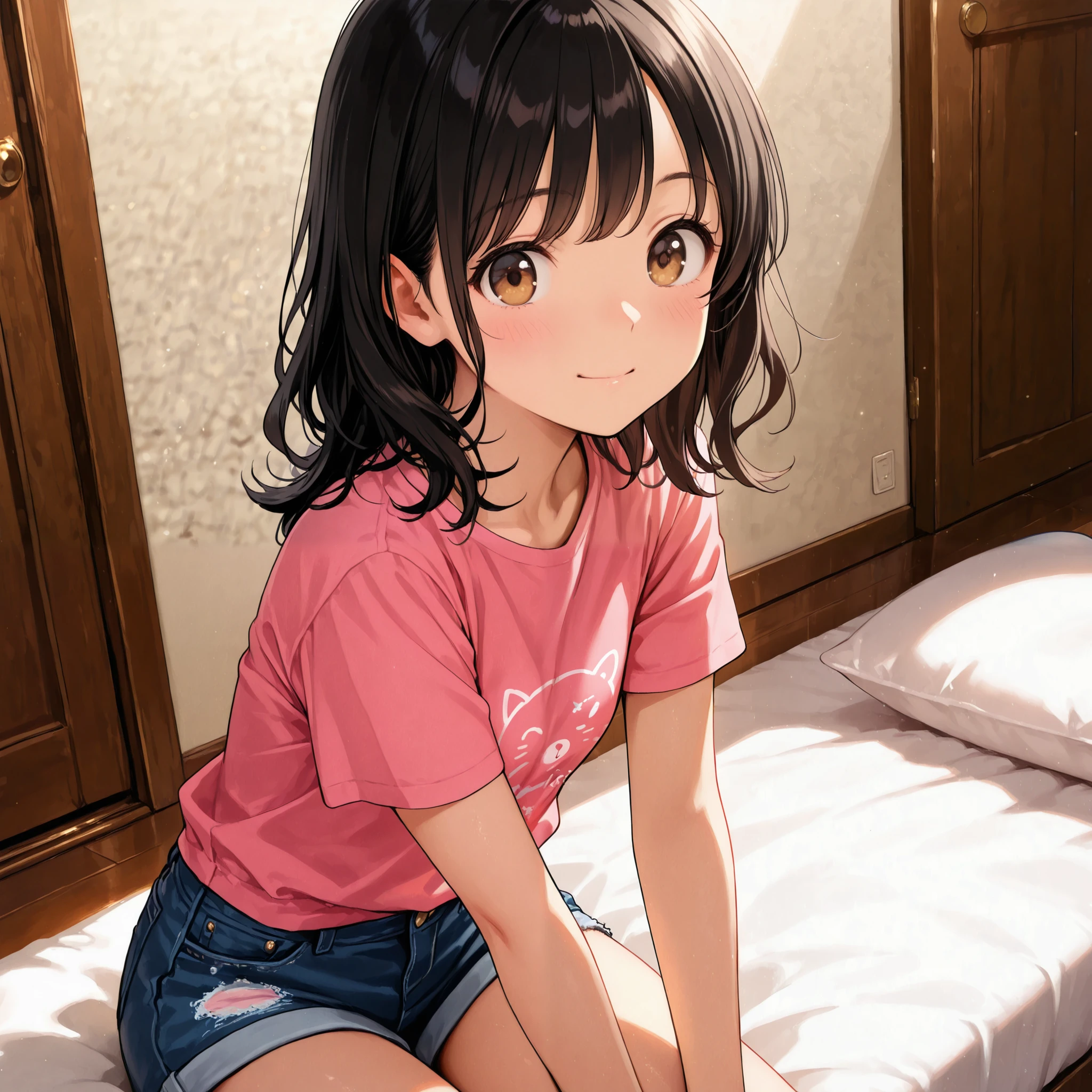 American girl, short wavy black hair, light brown eyes, pink t-shirt, jeans shorts, sit