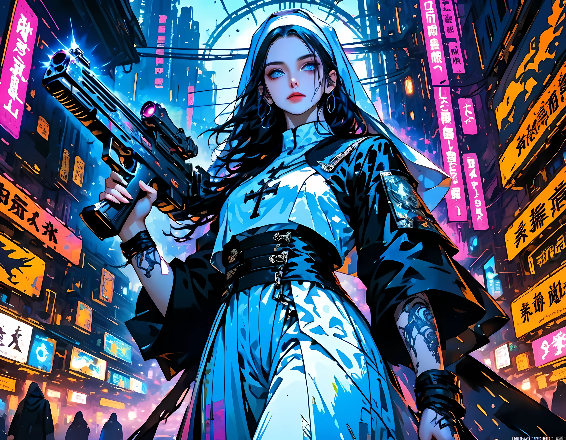 a picture of a sexy cyberpunk nun holding a blazing (cyberpunk gun: 1.2), epic beautiful human woman (best details, Masterpiece, best quality), ultra detailed face (best details, Masterpiece, best quality), black hair, blue eyes, pale skin, cyberpunk white nun habit, (best details, Masterpiece, best quality), cleavage, sexy nun habit, full body shot, cyberpunk street background, RPG art, (best details, Masterpiece, best quality), Ultra-Wide Angle, high detail, award winning, best quality, HD, 16K, high details, best quality, highres, ultra wide angle, high details, best quality, Cinematic Shot, PASTELGOTH