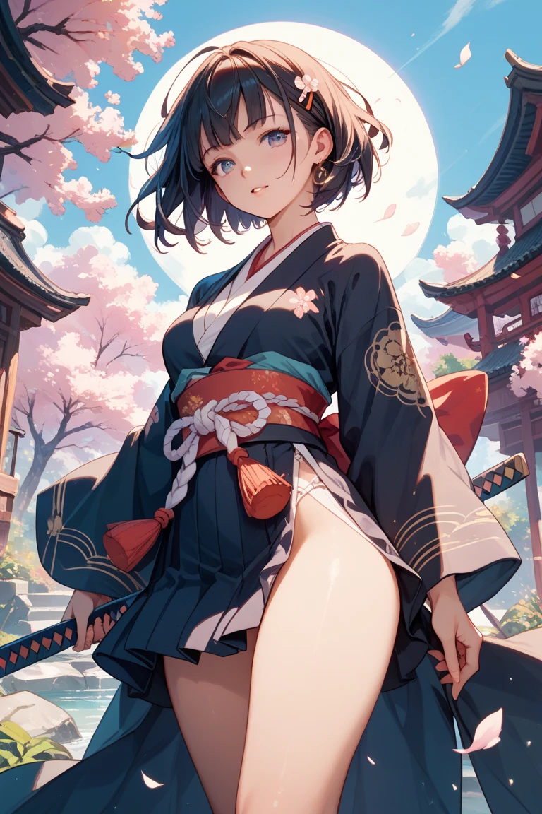 master-piece,hyper quality, hyper detailed,perfect drawing,CG,3D,8k,illustration,beautiful face girl,one beautiful girl, samurai costume, black hair, ponytail, big red ribbon, kimono, obi sword, tachi, wakizashi, double point, hakama, Japan armor, hanging eyes but cute, dignifiedCute expression, cute smile, hand on sword handle, round cute buttocks, looking back with a smile, butt sticking out pose, 3 sizes B90W60H95, moonlight leaking through the clouds, old castle, ruins, gradient sky,Beautiful girl in a loincloth Japanese outfit Lower body bare Rich breasts Back appearance Cute Well-formed face Loli big Buttocks Looking back with a cute smile Three sizes B95W60H90 master-piece,hyper quality, hyper detailed,perfect drawing,CG,3D,8k,illustration --auto --s2