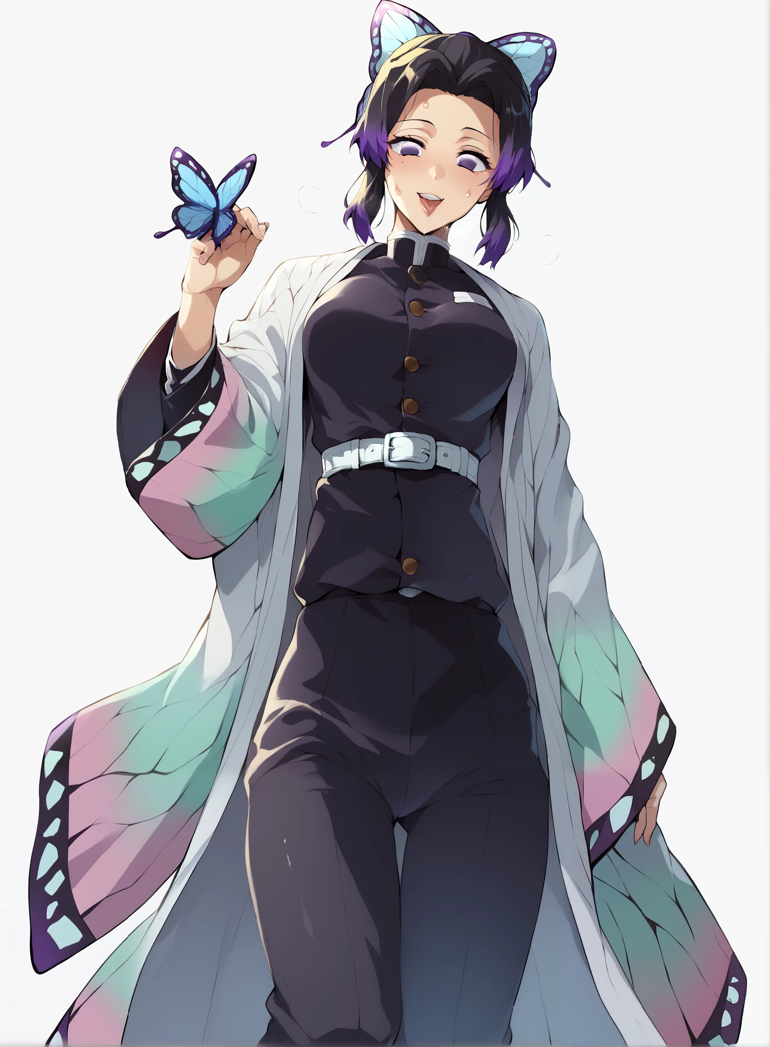 ahegao、smile、Ultra-detailed illustrations、Ultra-precise expression、masterpiece、Highest quality、ultra High resolution、High resolution、Hiromitsu Takeda Style、White background、Simple Background、whole body、One girl、solo、White Breath、Sweat、Glowing Skin、shiny skin、Front angle、View your viewers、stand、Shinobu Kochou, animal print, black hair, butterfly, butterfly hair ornament, butterfly print, forehead, gradient hair, hair ornament, haori, multicolored hair, parted bangs, purple hair, short hair, two-tone hair、belt, black pants, butterfly print, coat, demon slayer uniform, haori, japanese clothes, pants, uniform,