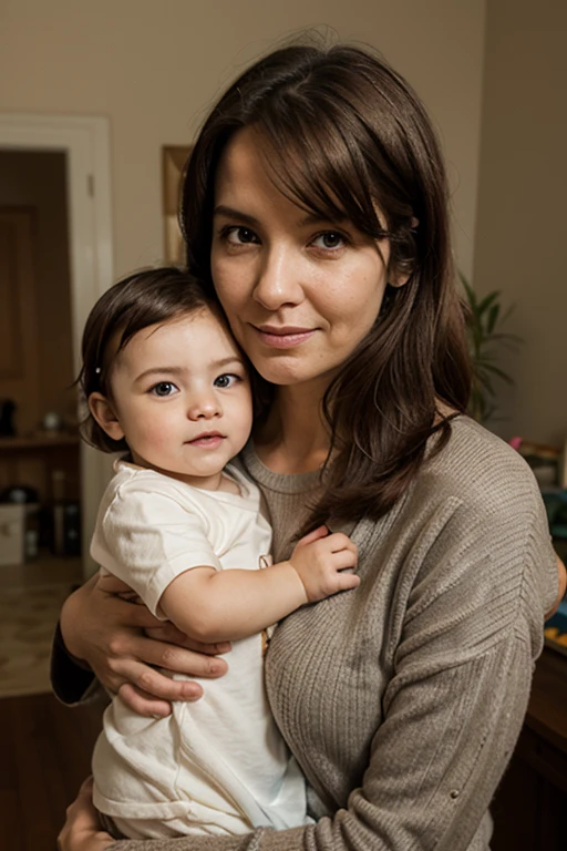 Caucasian woman with black hair holding her newborn baby on her lap, realistic image, blurred image background
