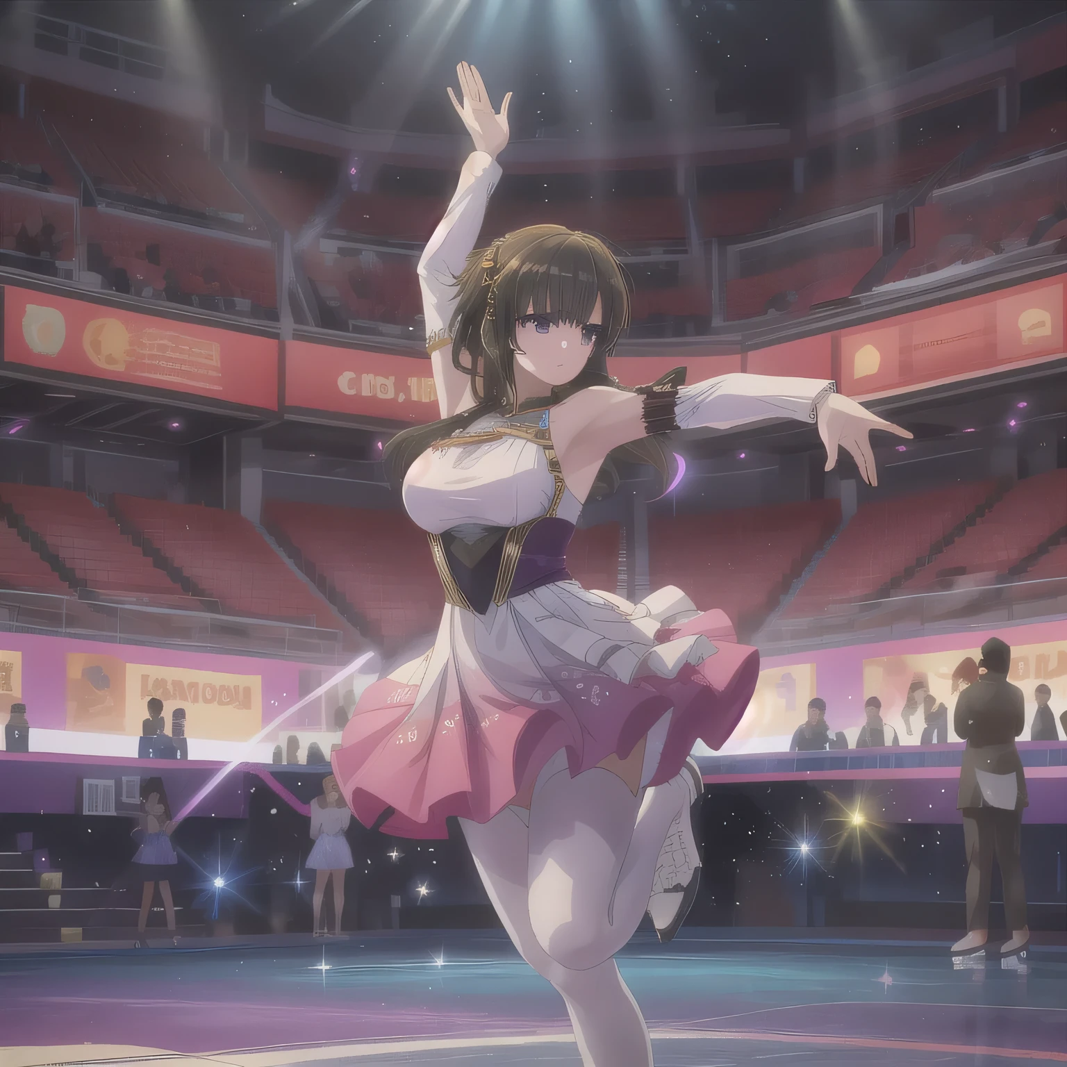 A breathtakingly beautiful 20-year-old woman glides dynamically across the ice rink, dressed in an exquisitely detailed and elegant figure skating costume. Her graceful movements exude both power and finesse as she carves intricate patterns into the ice. The soft arena lighting casts a gentle glow, highlighting the shimmering fabric of her outfit and the fluidity of her performance, creating a mesmerizing scene of beauty and athleticism.dark hair, long hair, purple eyes.