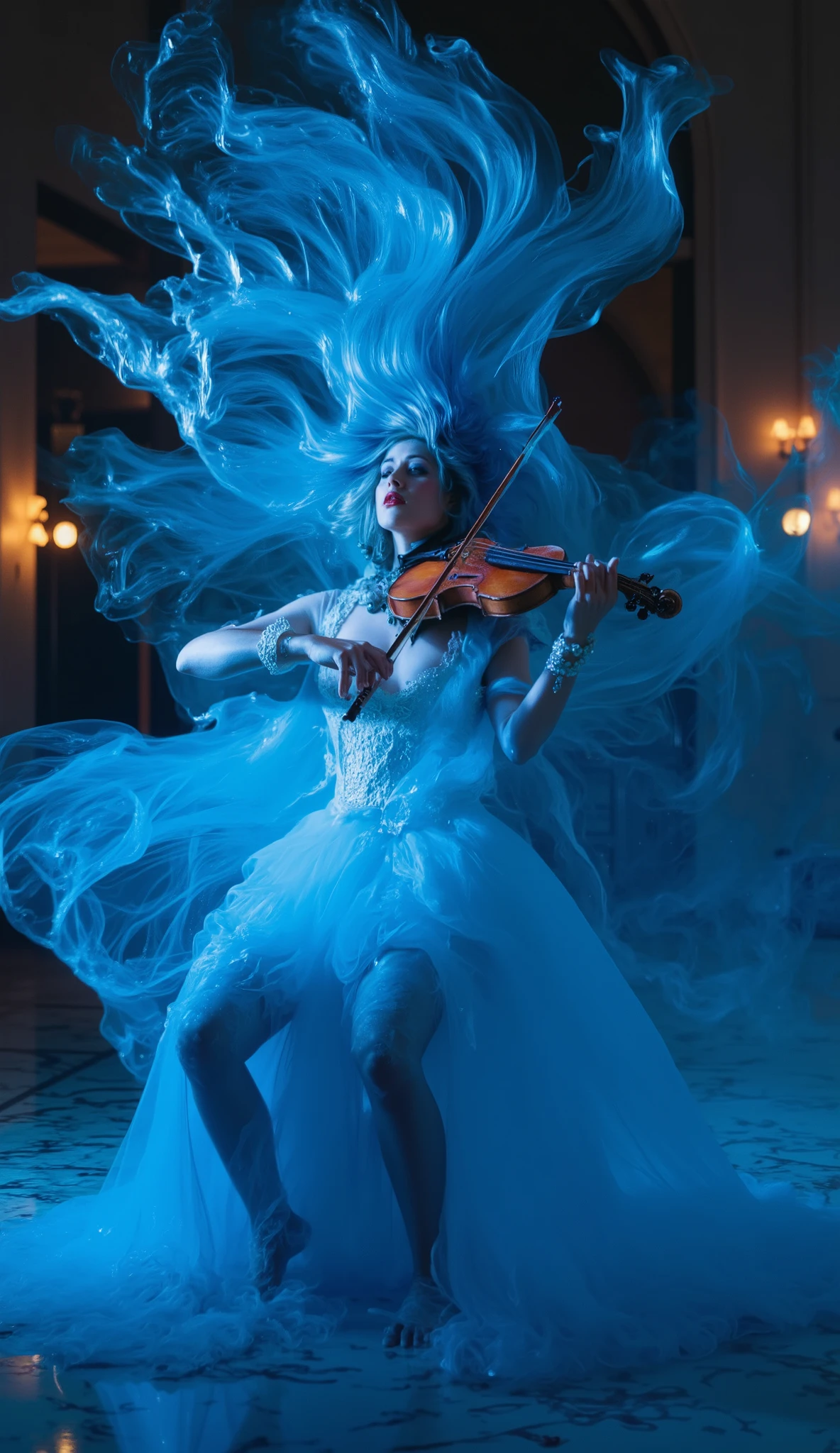 (best quality, 128k,highres,masterpiece:1.2),ultra-detailed,(realistic,photorealistic,photo-realistic:1.37), ((masterpiece)) ((photography)) ((Highest quality)) A surreal and hyper-realistic digital painting of an ethereal woman playing the violin. Her flowing dress and hair appear to be made of silky, liquid-like blue fabric, merging into the background. The fabric waves like a fluid dance, creating a dreamlike effect. Her lips are a striking deep red, contrasting beautifully with the shades of blue. The violin is a rich, polished wood, its strings glistening under soft, atmospheric lighting. The marble floor beneath her has subtle reflections, adding depth to the scene. The ambiance is elegant, mystical, and slightly melancholic.