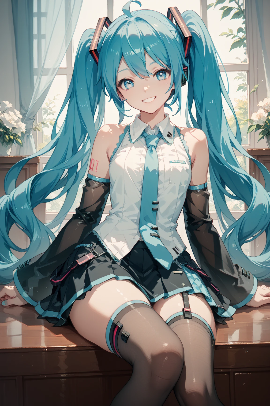 (1 girl),(high quality), (High resolution), (extremely detailed), (8K),(focus on lower body),(CG),(Hatsune Miku)、Gravure idol、Magic Knight、magic swordsman、Magic Mentor、school uniform、sexy panties、(black pantyhose:1.2)、(nipple shape)、No shoes、(neutral white lighting),sexy pose、showing panties