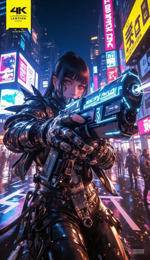 A epic battle in a neon-lit cyberpunk city at night, featuring one skilled fighter wielding futuristic weapons: a sleek smart pistol with glowing blue circuits . The scene is filled with dynamic action, sparks flying, and holographic billboards in the background. Highly detailed, hyper-realistic style, with dramatic lighting, rain reflections on the ground, and intricate cybernetic enhancements on the characters. 4k resolution, cinematic composition, vibrant colors, cyberpunk aesthetic.