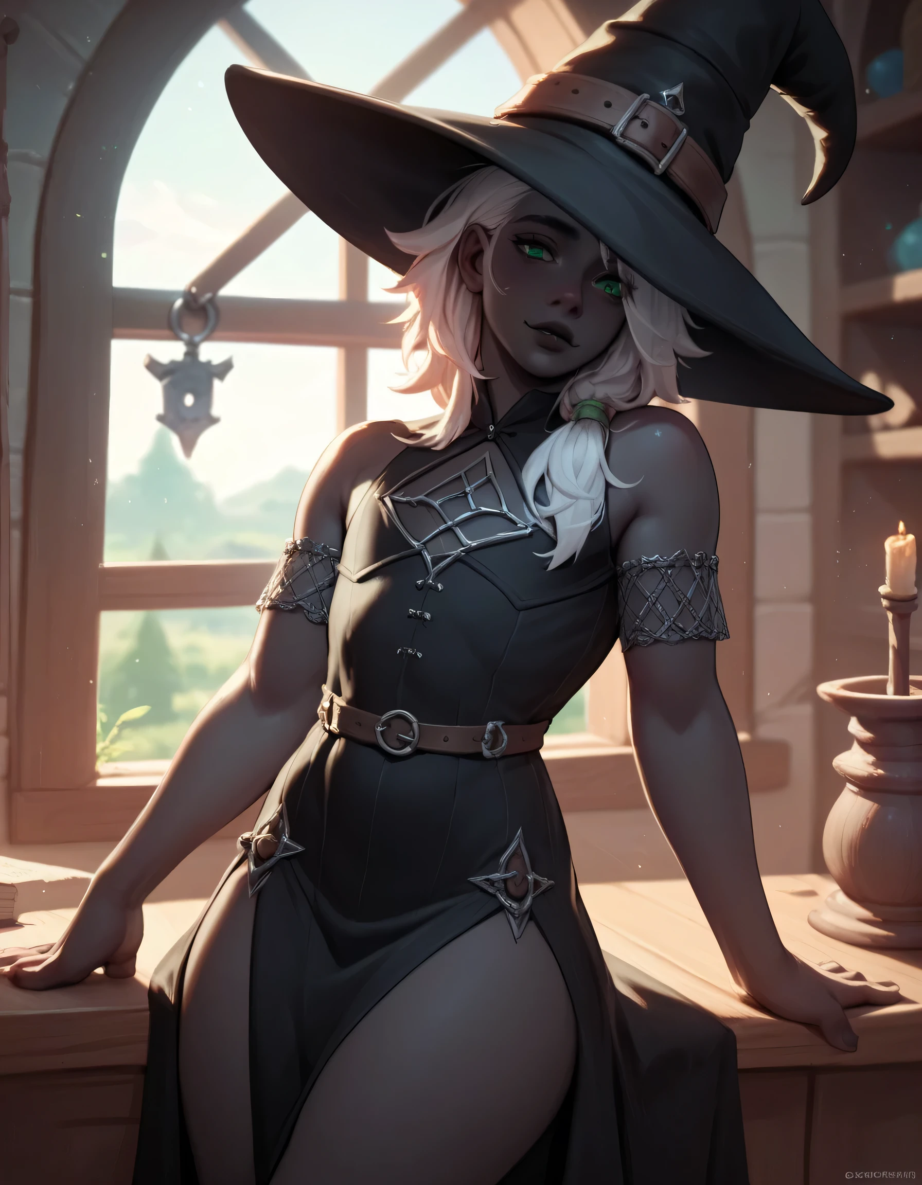Solo, femboy, black-skinned, obsidian black skin, green eyes, white hair, sexy witch, sexy witch clothes, witch hat, fantasy dark occultist house, holding Human scull, holding dark magick bock