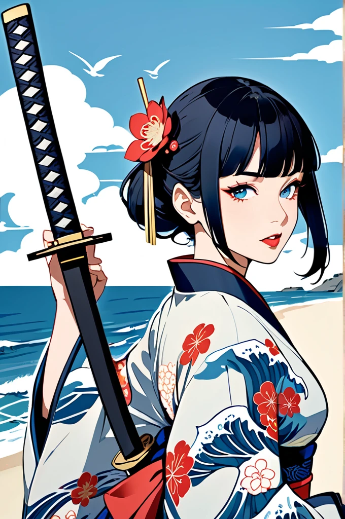 Ukiyo-e、Ocean、Kimono dress,Black Hair、blunt bangs、Samurai、Japanese sword, face, Modern design, 1 female,Sexy concept,