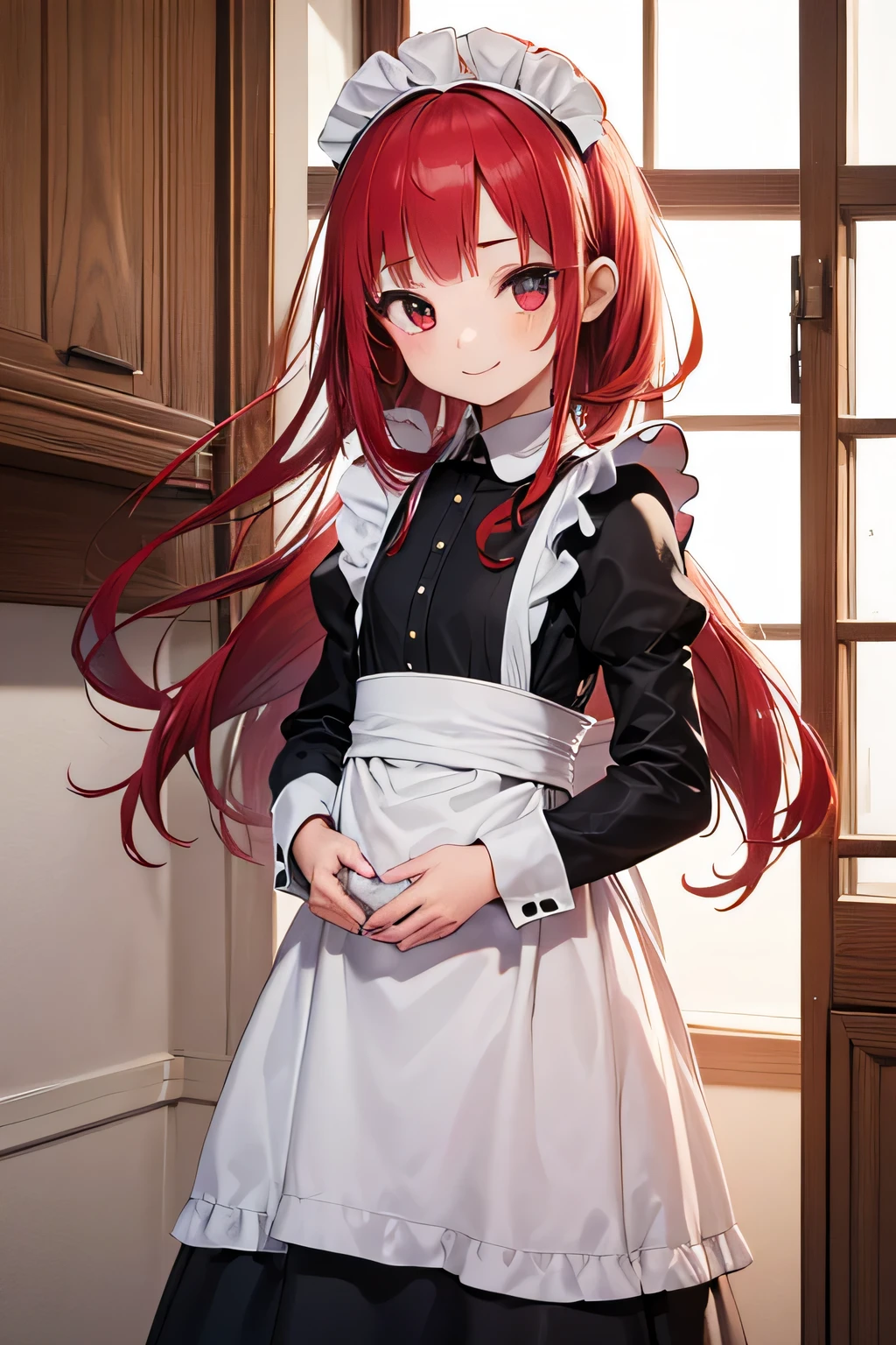 (1girl:1.5),((((Petite:1.8)))),,,(maid:1.5),,,(very long hair:1.0),(red color hair:1.2),smile,
home
