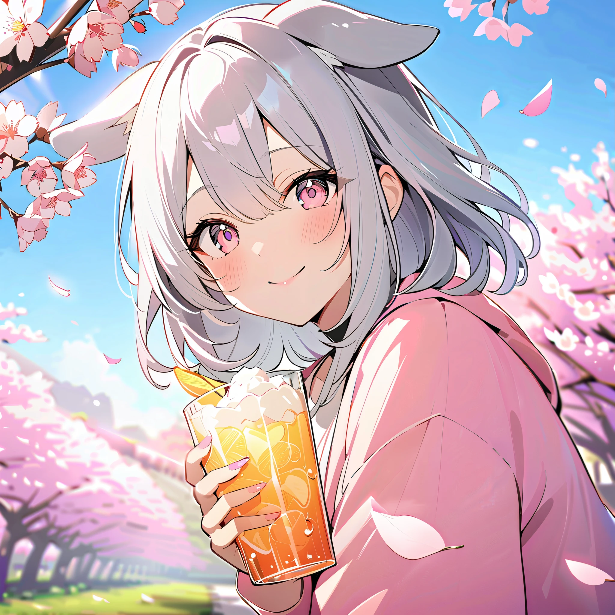 8k,smile, Girl with dog ears silver hair, White Ear, cherry blossoms,spring,cherry blossomsの下でお酒を飲む