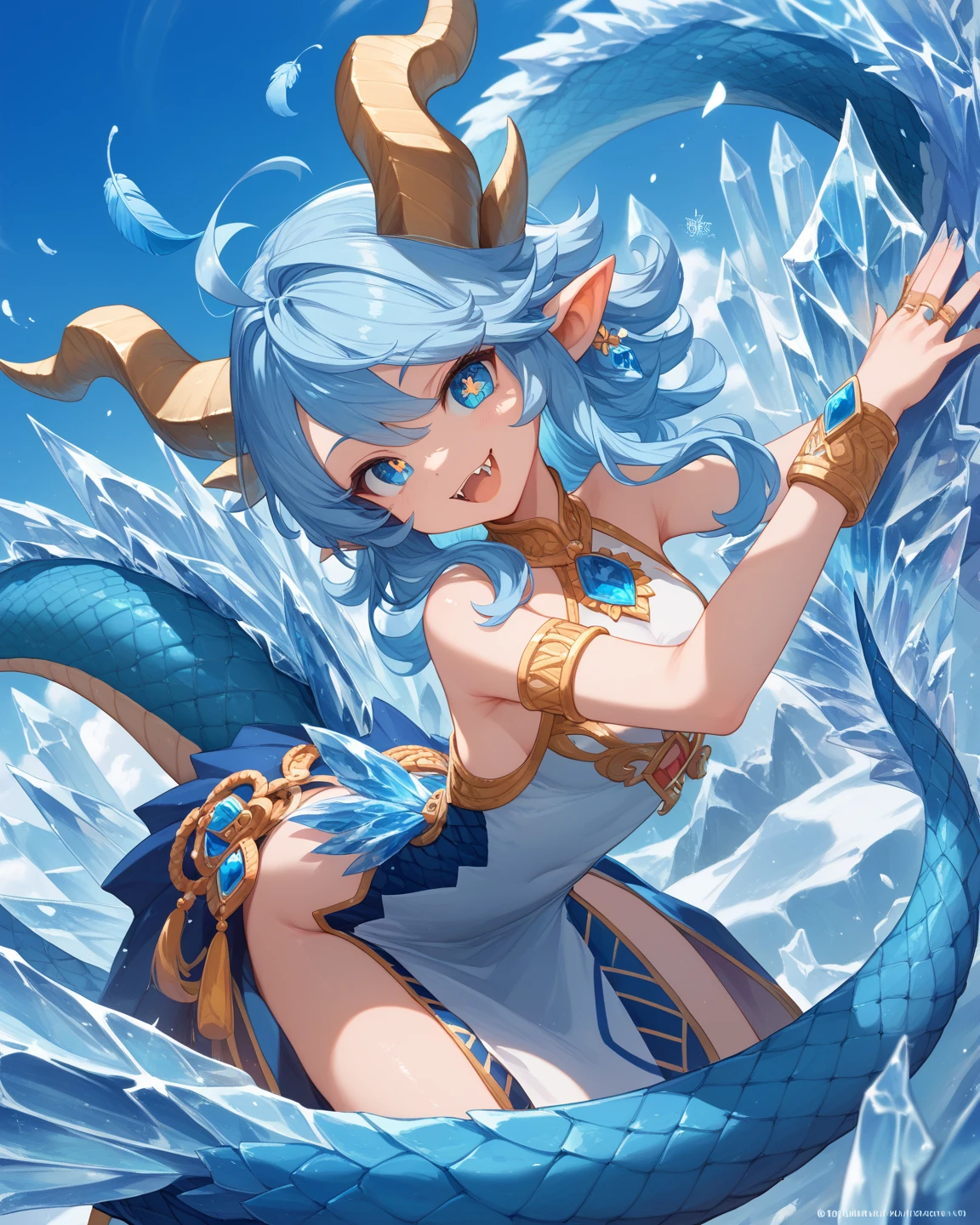 Anime Art、Full body portrait、A wizard who controls water in the fantasy world、Sea surface、A tall mermaid woman, about 170cm tall, around 32 years old, wearing a dark blue bustier, surrounded by water.、Gold Hair Ornament、The hairstyle is long and wavy、Dark blue hair、Wicked Smile、Creepy Smile、unpleasant laughter、Cold Smile、Laughing with mouth open、Sharp Eyes、With eyes half-open、Red Eyes、Gold Bracelet