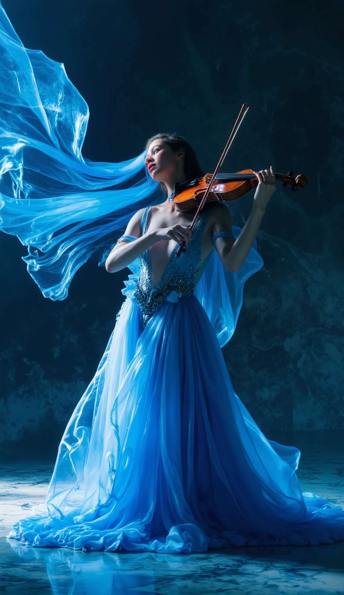 (best quality, 128k,highres,masterpiece:1.2),ultra-detailed,(realistic,photorealistic,photo-realistic:1.37), ((masterpiece)) ((photography)) ((Highest quality)) A surreal and hyper-realistic digital painting of an ethereal woman playing the violin. Her flowing dress and hair appear to be made of silky, liquid-like blue fabric, merging into the background. The fabric waves like a fluid dance, creating a dreamlike effect. Her lips are a striking deep red, contrasting beautifully with the shades of blue. The violin is a rich, polished wood, its strings glistening under soft, atmospheric lighting. The marble floor beneath her has subtle reflections, adding depth to the scene. The ambiance is elegant, mystical, and slightly melancholic.