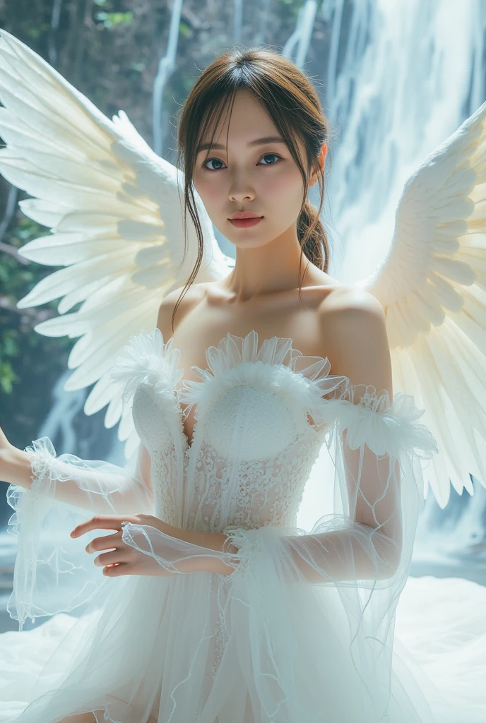 ((top quality、8k、Masterpiece:1.3))、Extremely delicate and beautiful girl,Very white skin,fiery red lips,Waist is very thin,Thighs are very thin,White wedding dress,White and smooth skin,Smooth and fair skin,flawless skin,Fair and shiny skin,cold white skin,The camera focuses on the chest,bright light,hair is white,A pair of huge white wings on the back,angel wings,hazy light rays,hazy light rays,blurred white background,Long white dress,White hair,white hair,sad,shed tears