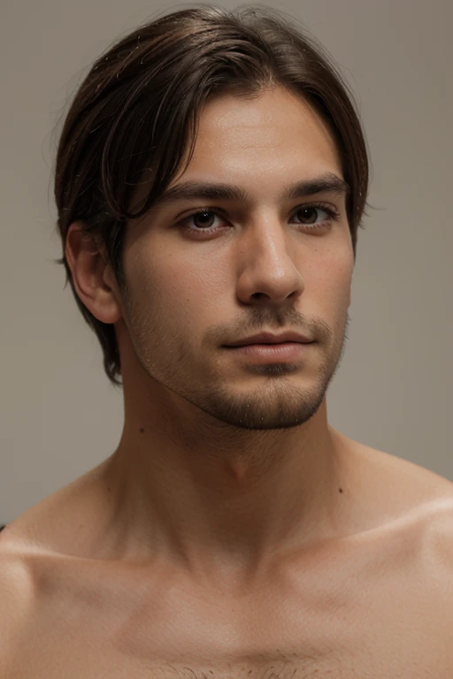 A mole under the eye, gray eyes, long, white without a beard, sharp jaw, Adam's apple, thick eyelashes, silky black hair.