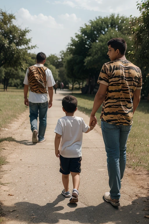 Photo of a father with his daughter on the back and two children by his side, one almost the same height as the father and the other smaller than the father, daughter approximately 2 years old